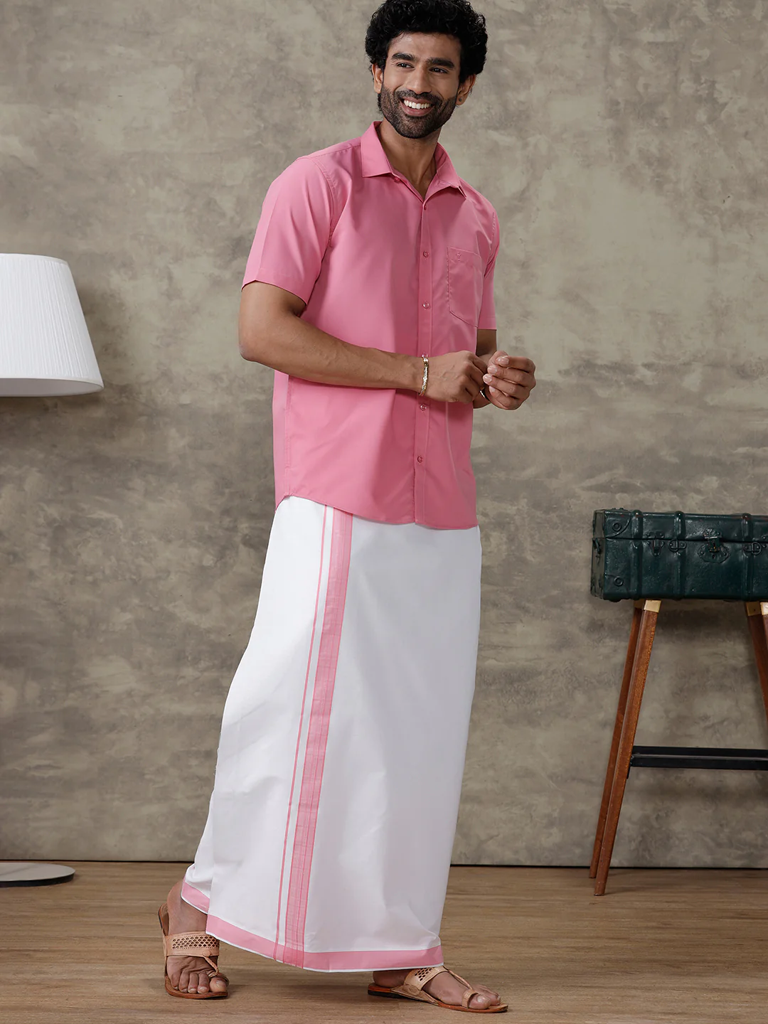 Men Persian Pink Shirt With Matching Border Dhoti Set Trendy - Image 2