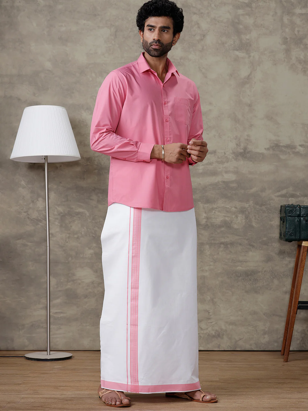 Men Persian Pink Shirt With Matching Border Dhoti Set Trendy - Image 3
