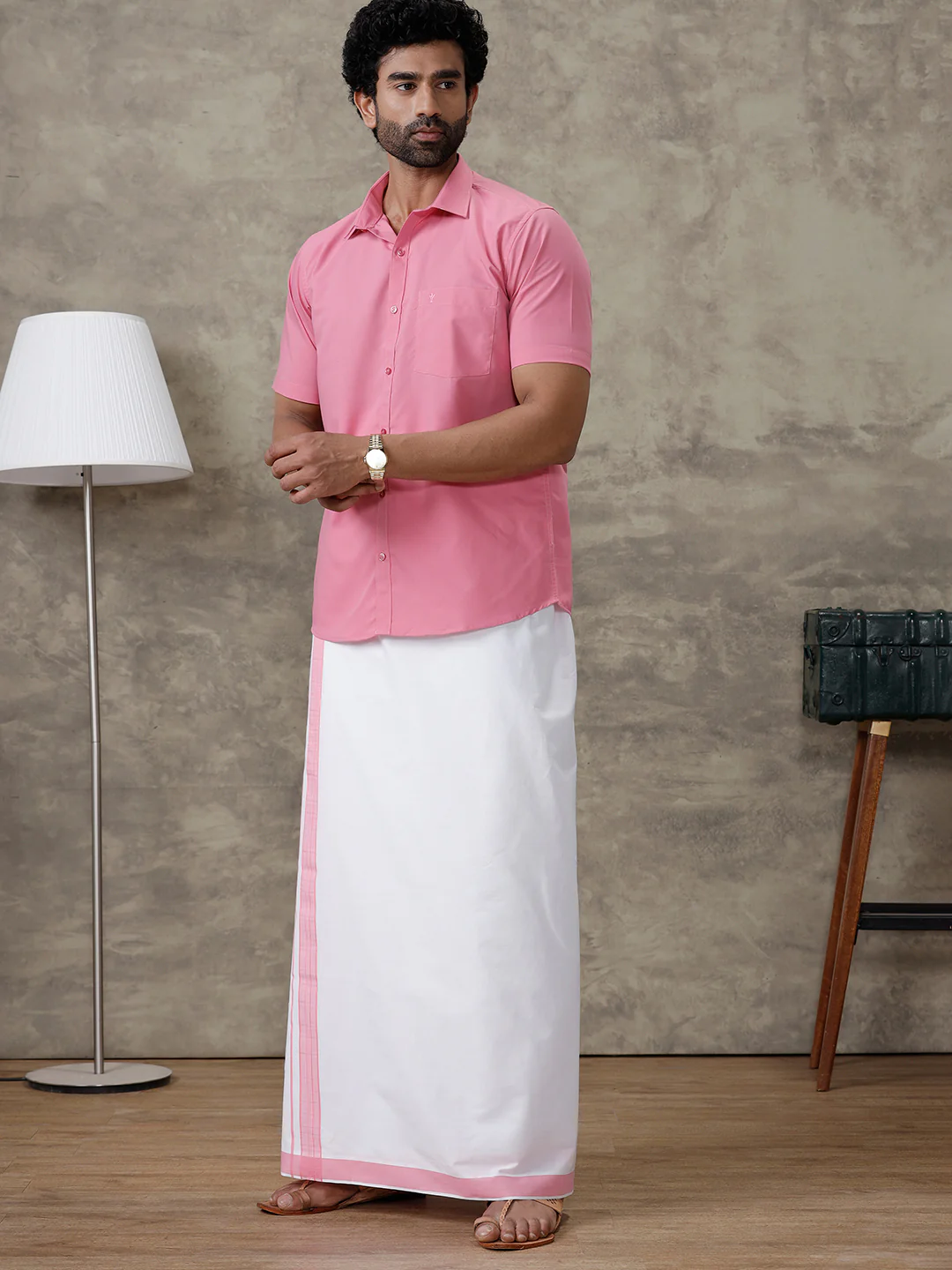 Men Persian Pink Shirt With Matching Border Dhoti Set Trendy - Image 4