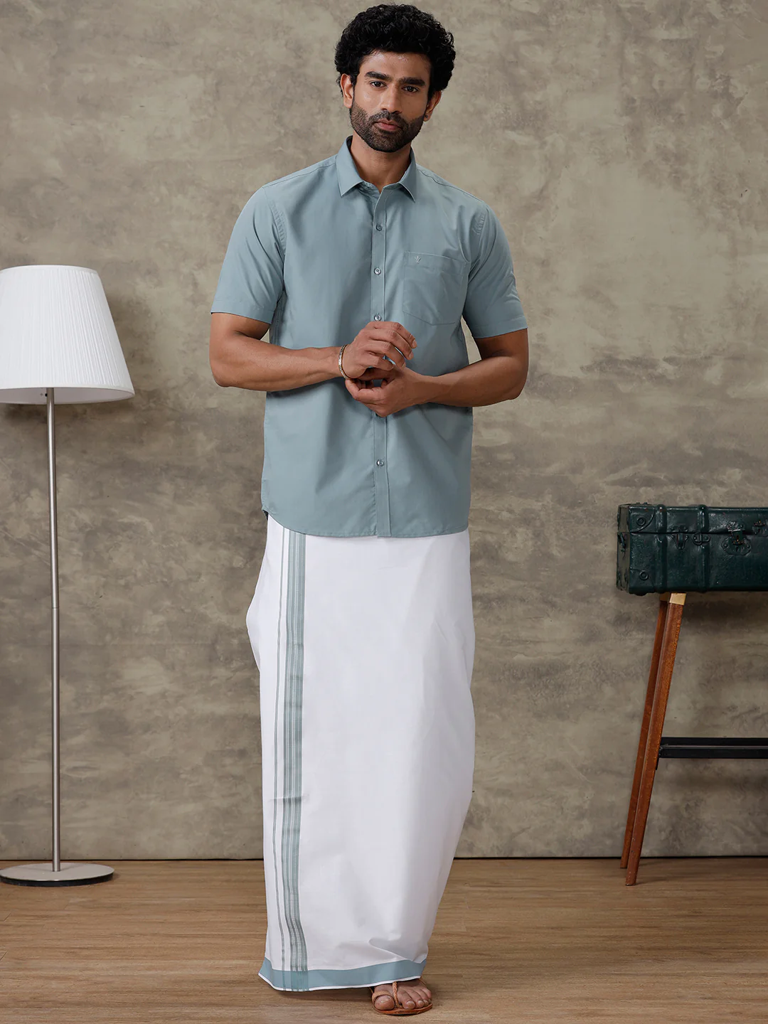 Men Pewter Grey Shirt With Matching Border Dhoti Set Trendy - Image 2