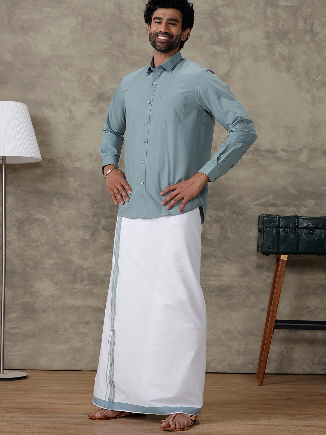 Men Pewter Grey Shirt With Matching Border Dhoti Set Trendy - Image 3