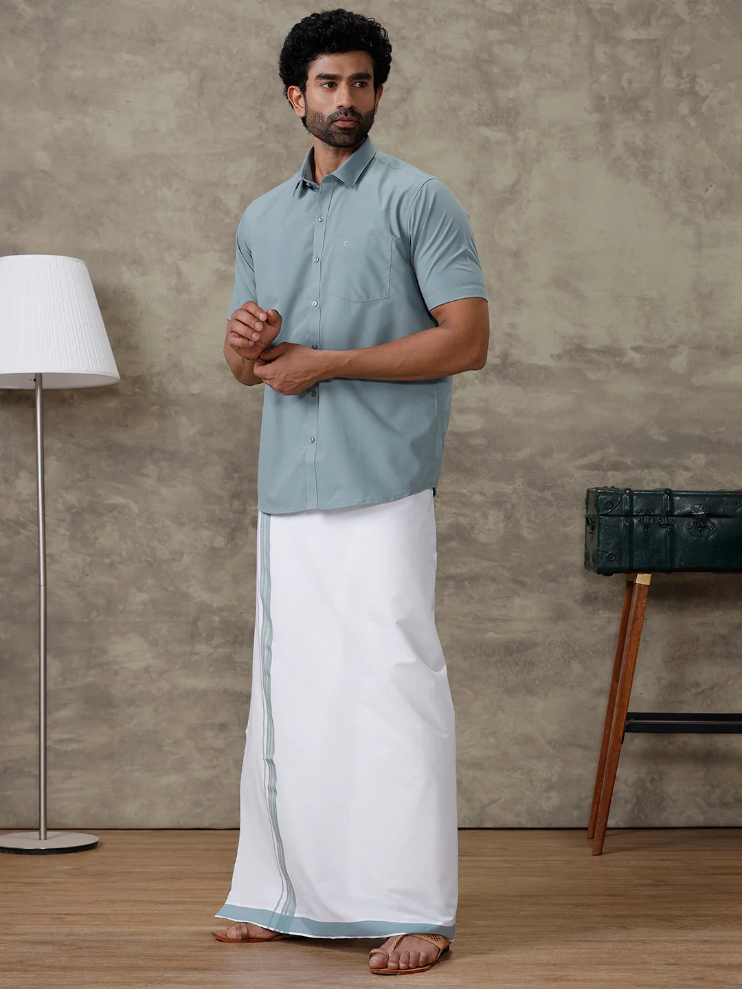 Men Pewter Grey Shirt With Matching Border Dhoti Set Trendy - Image 4
