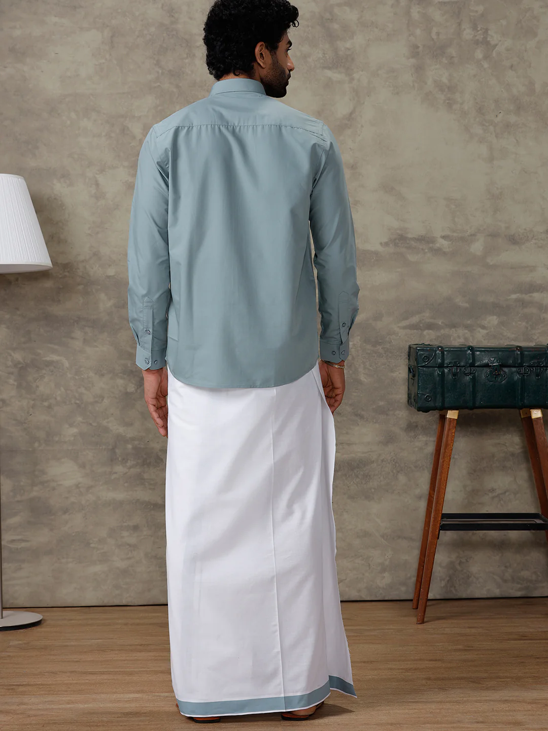 Men Pewter Grey Shirt With Matching Border Dhoti Set Trendy - Image 5