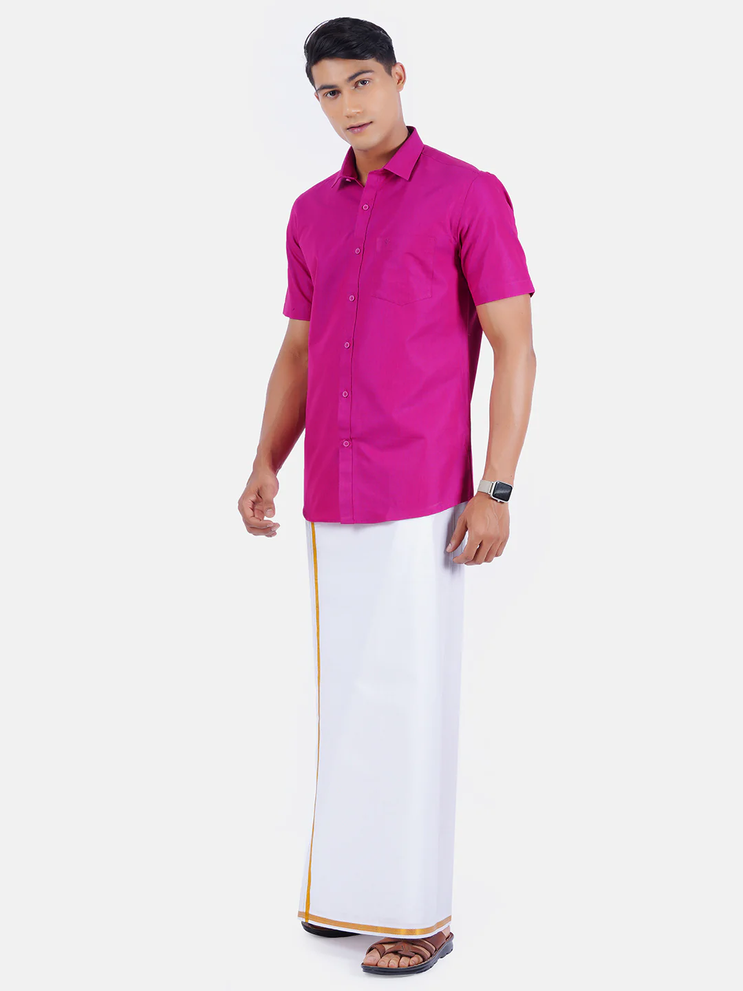 Men Pink Half Sleeves Shirt with 1/2" Inch Gold Jari Border Single Layer Dhoti Combo - Image 2