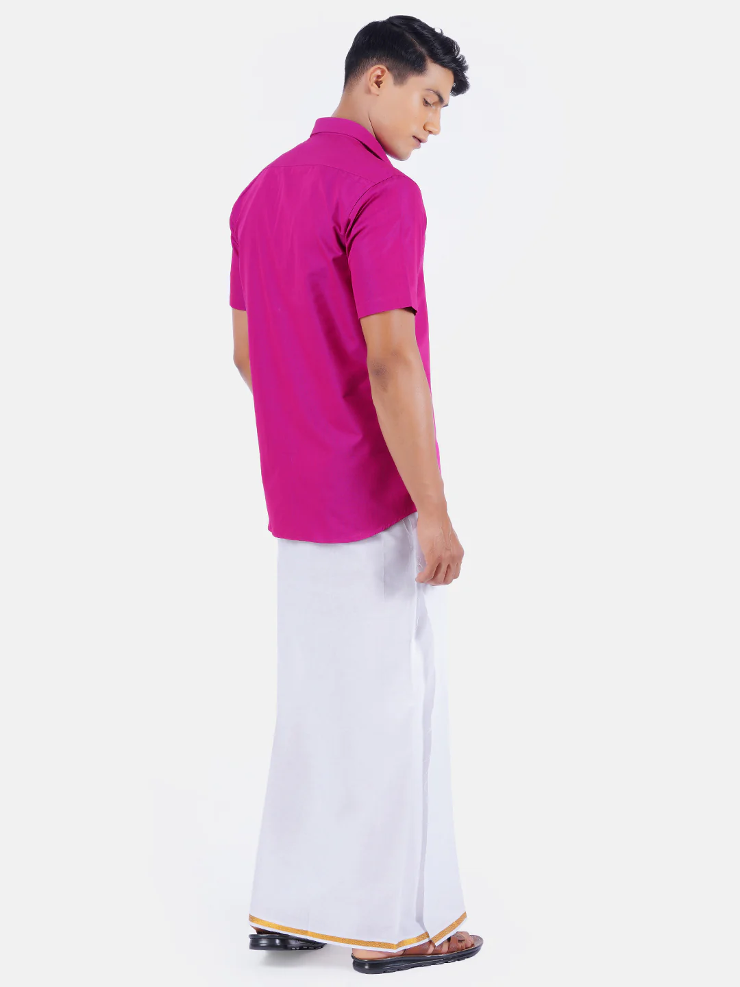 Men Pink Half Sleeves Shirt with 1/2" Inch Gold Jari Border Single Layer Dhoti Combo - Image 3