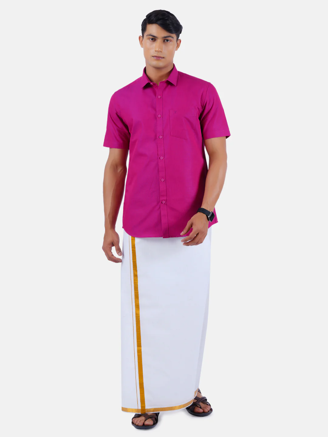 Men Pink Half Sleeves Shirt with 3/4" Inch Gold Jari Border Single Layer Dhoti Combo