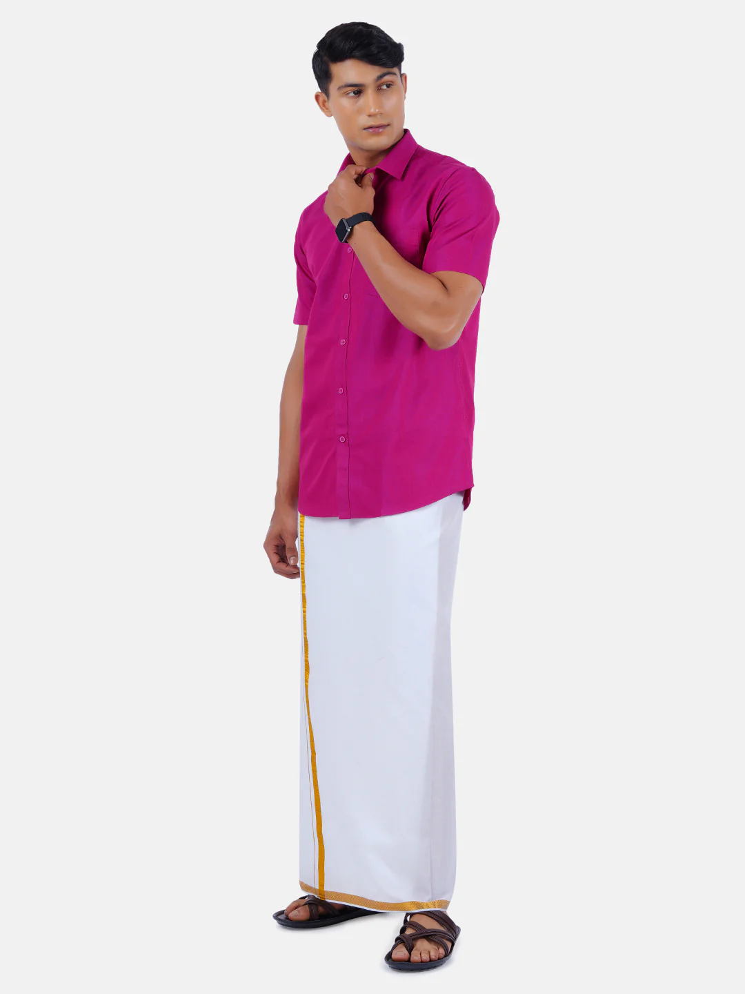 Men Pink Half Sleeves Shirt with 3/4" Inch Gold Jari Border Single Layer Dhoti Combo - Image 2