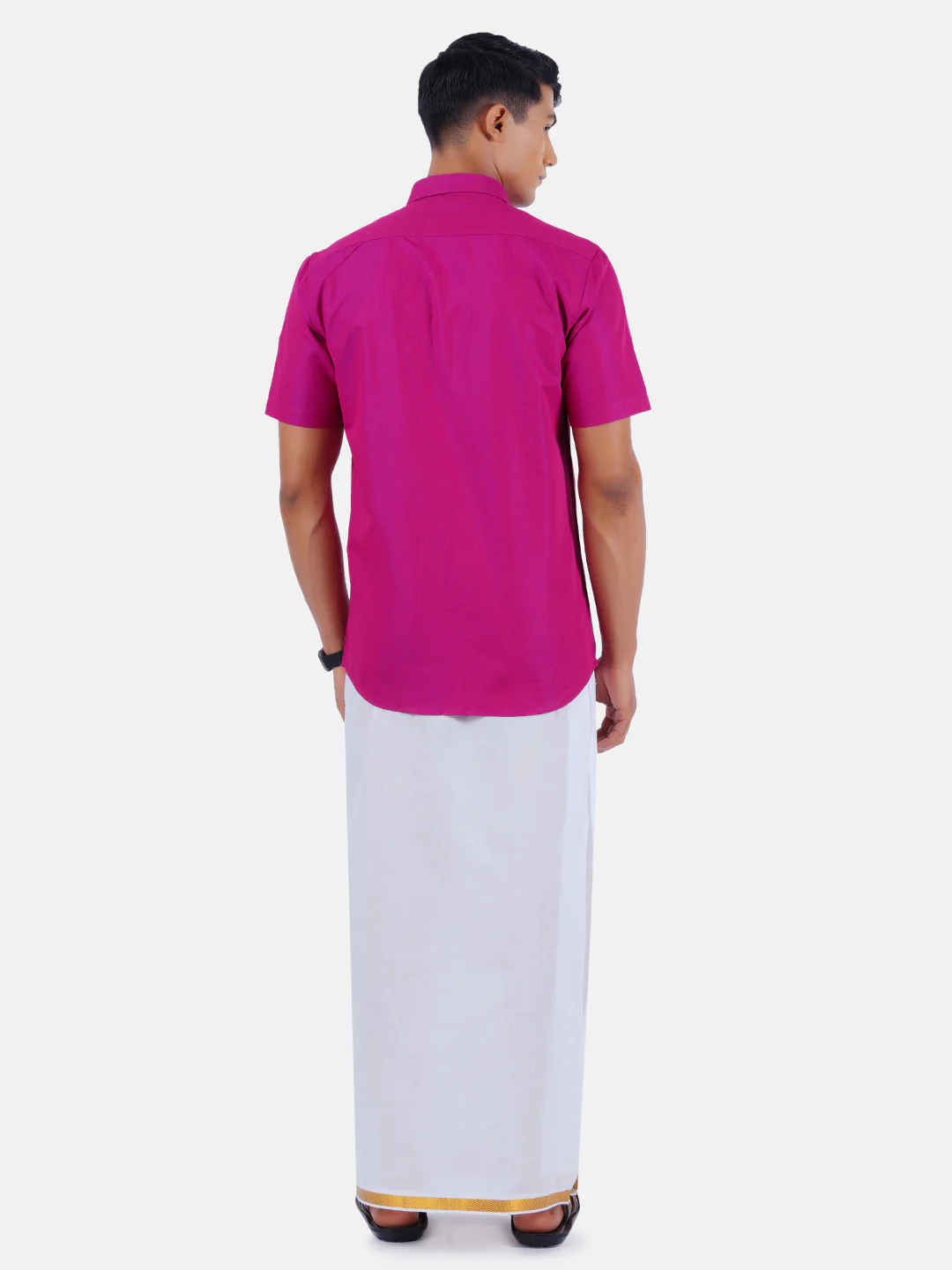 Men Pink Half Sleeves Shirt with 3/4" Inch Gold Jari Border Single Layer Dhoti Combo - Image 3