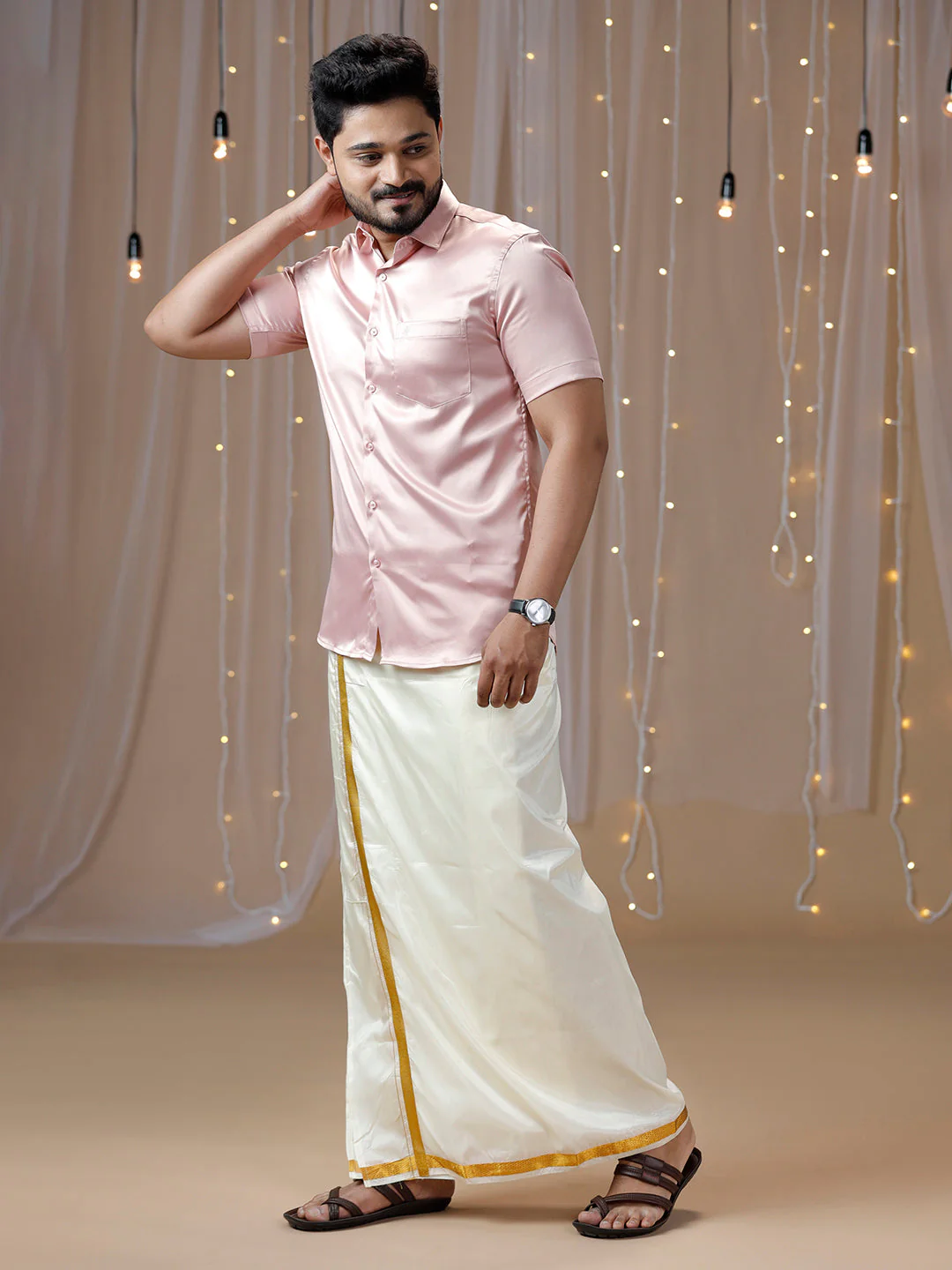 Men Pink Half Sleeves Shirt with Art Silk Double Layer Dhoti Combo PS9 - Image 2