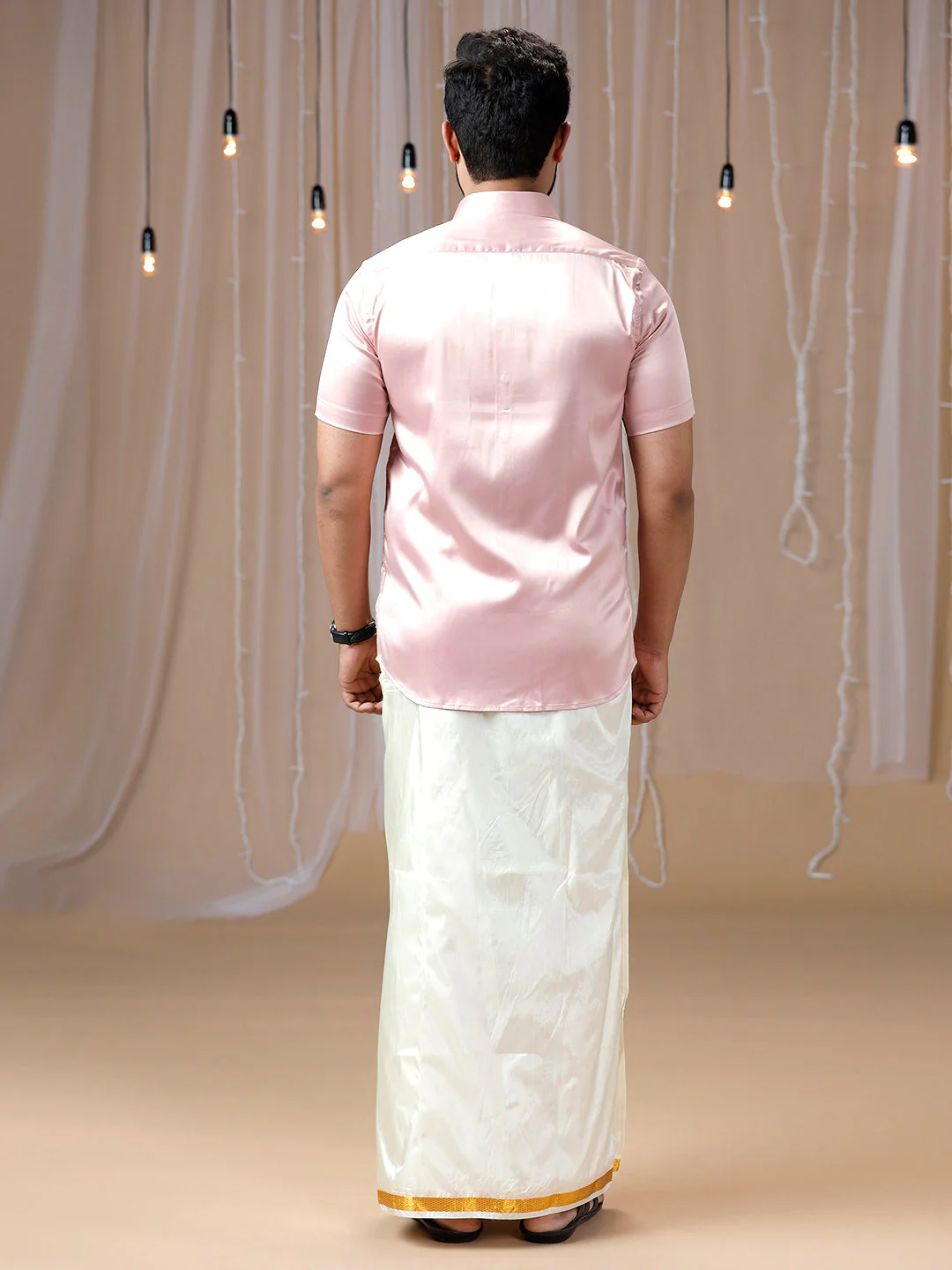 Men Pink Half Sleeves Shirt with Art Silk Double Layer Dhoti Combo PS9 - Image 4