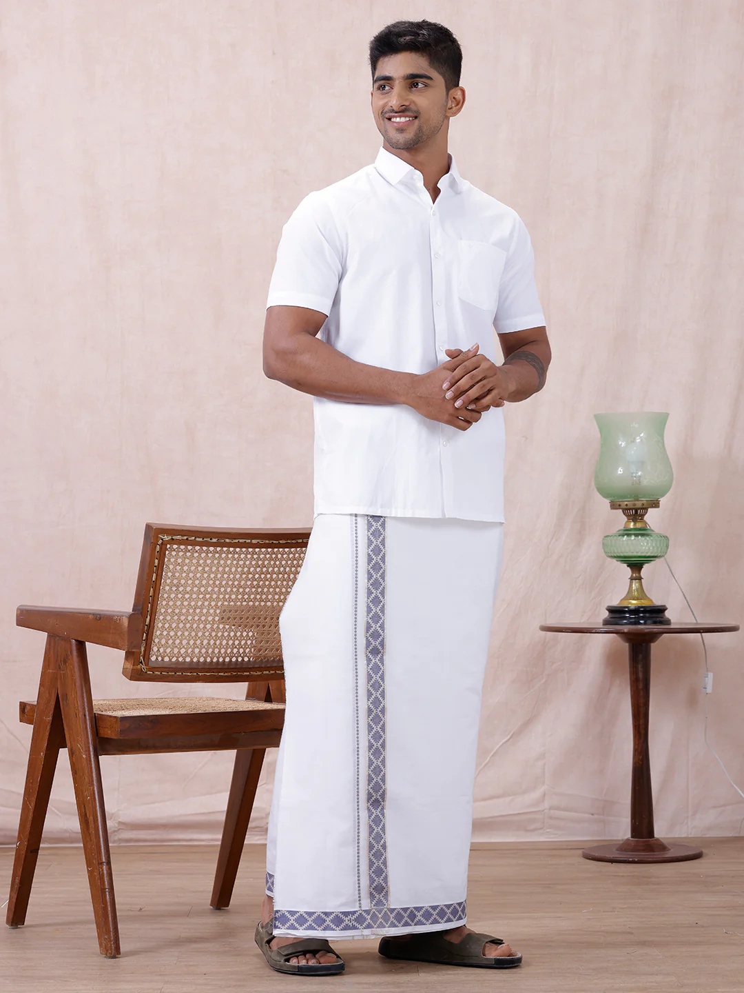 Men Premium Cotton Double Layer White Dhoti with Fancy Jari Border Luxury Club LC15 - Image 2