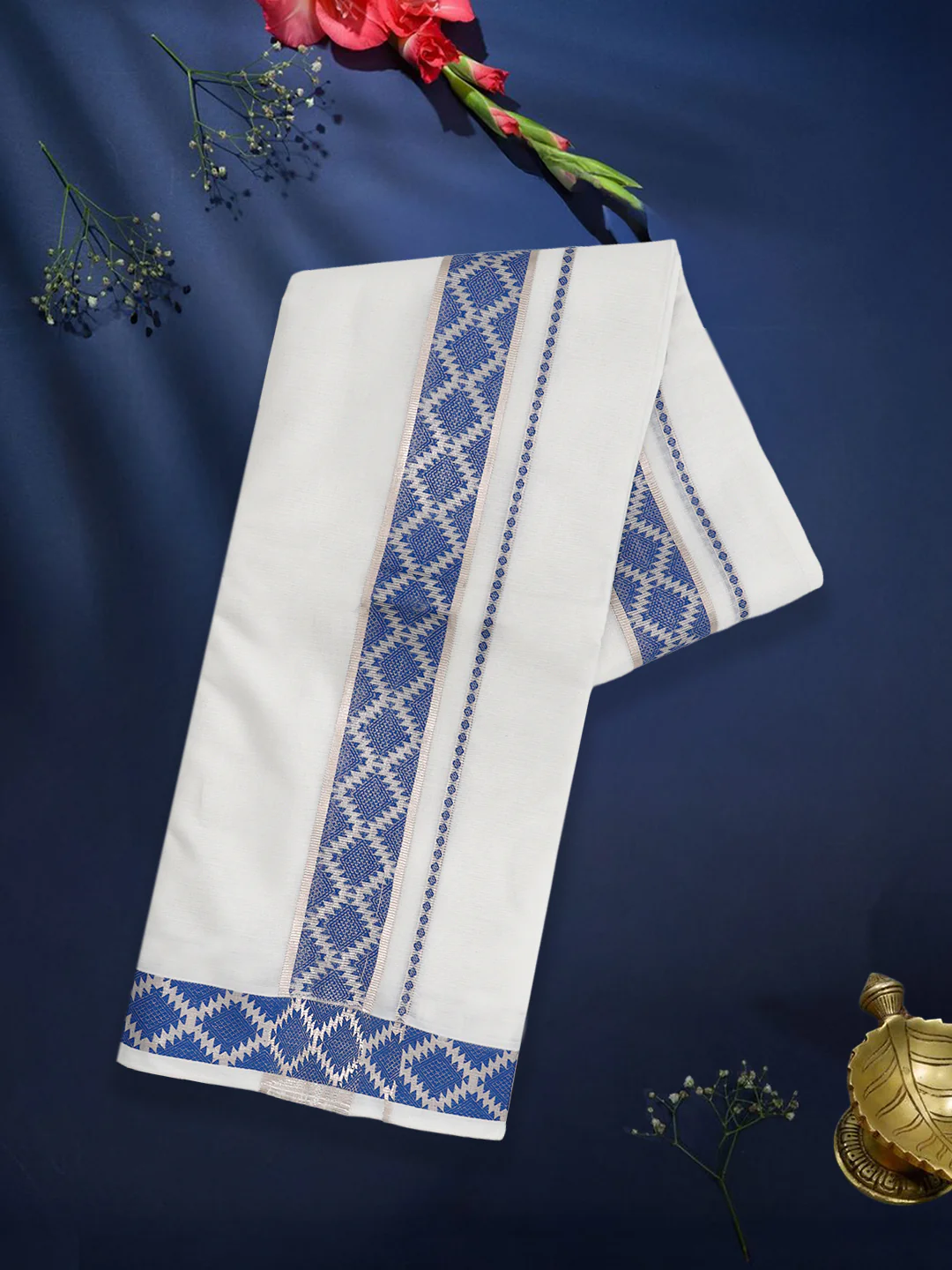 Men Premium Cotton Double Layer White Dhoti with Fancy Jari Border LC28 - Image 2