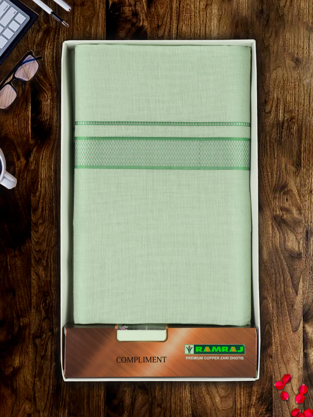 Men Premium Fancy border Dhoti & Shirt Fabric Green Celebrity Set - Image 7