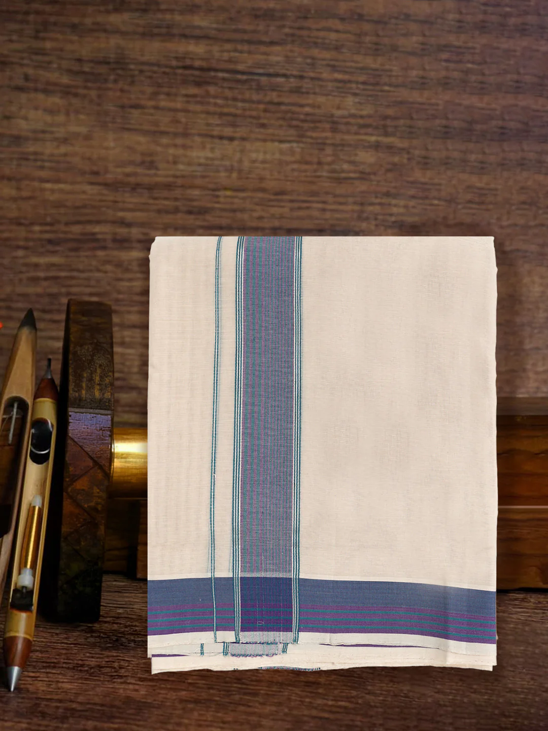 Men Premium Handloom Cream Dhoti with Fancy Border HLM94 - Image 2