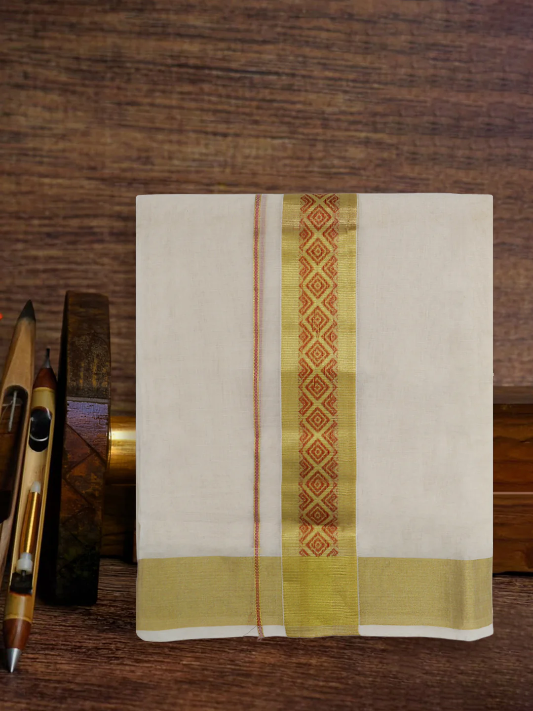 Men Premium Handloom Cream Dhoti with Fancy Jari Border HLM109 - Image 2