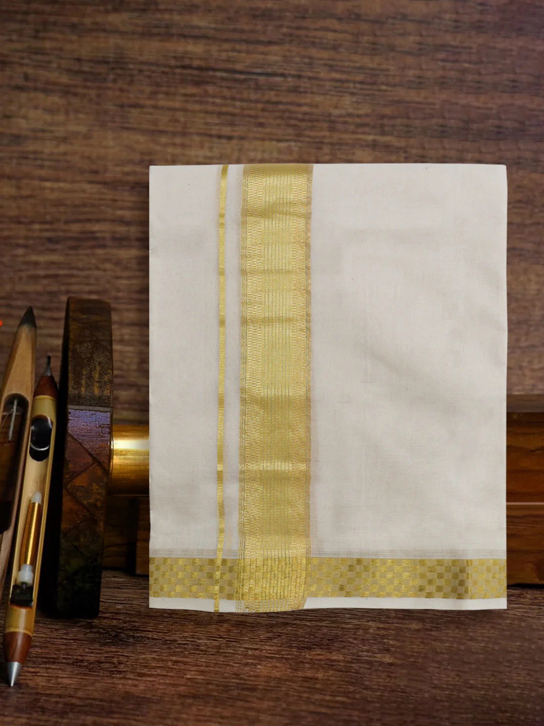 Men Premium Handloom Cream Dhoti with Gold Jari Border HLM98 - Image 2
