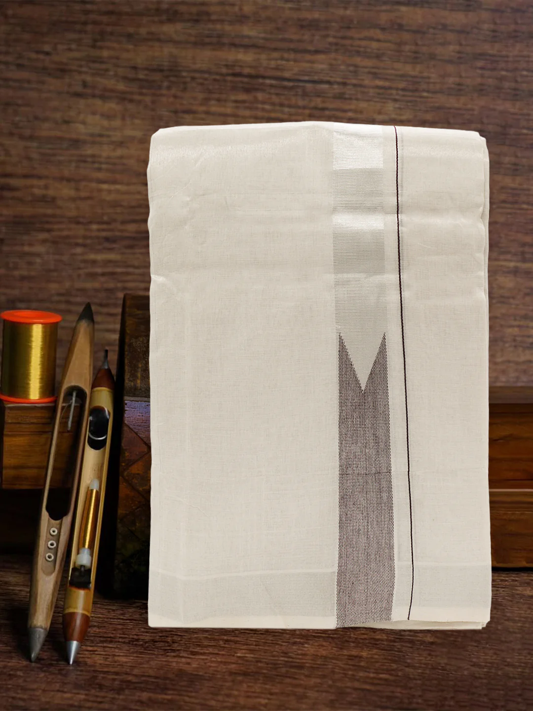 Men Premium Handloom Tissue Silver Dhoti with Fancy Jari Border HLM84 - Image 2