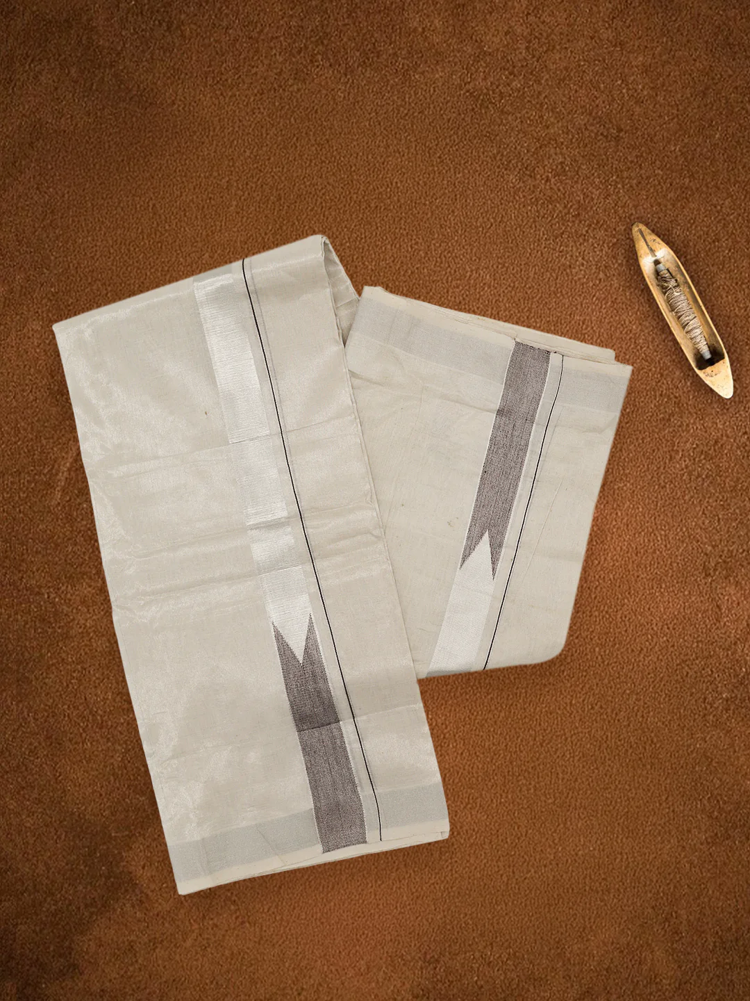 Men Premium Handloom Tissue Silver Dhoti with Fancy Jari Border HLM84 - Image 5