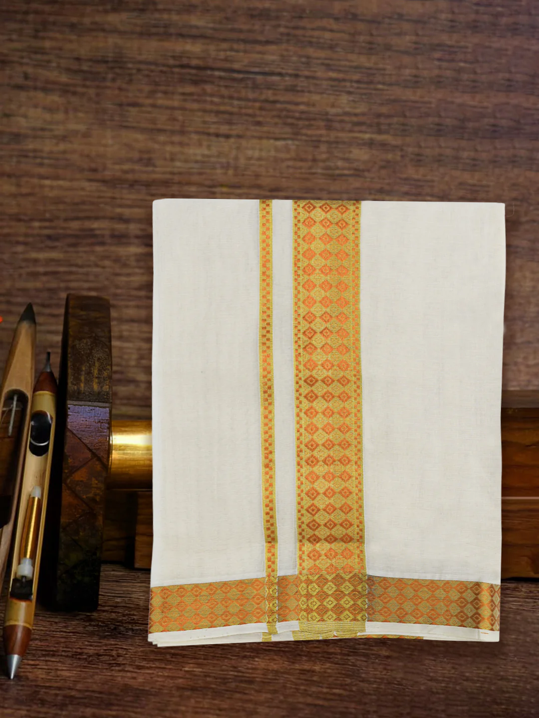Men Premium Handloom White Dhoti with Fancy Jari Border HLM113 - Image 2