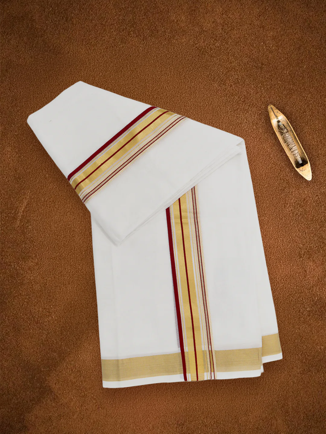 Men Premium Handloom White Dhoti with Fancy Jari Border HLM115 - Image 5