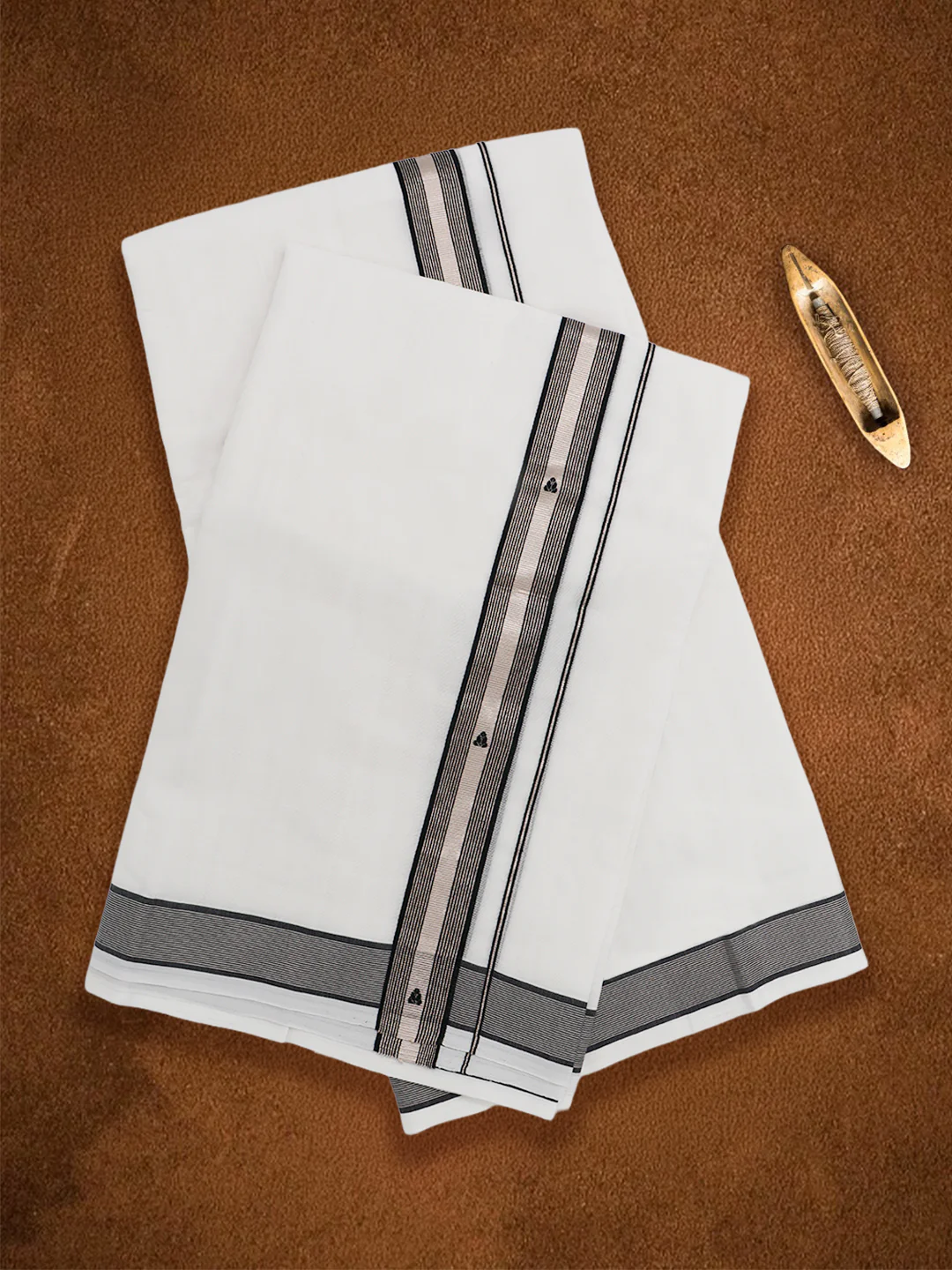 Men Premium Handloom White Dhoti with Fancy Jari Border HLM116 - Image 2