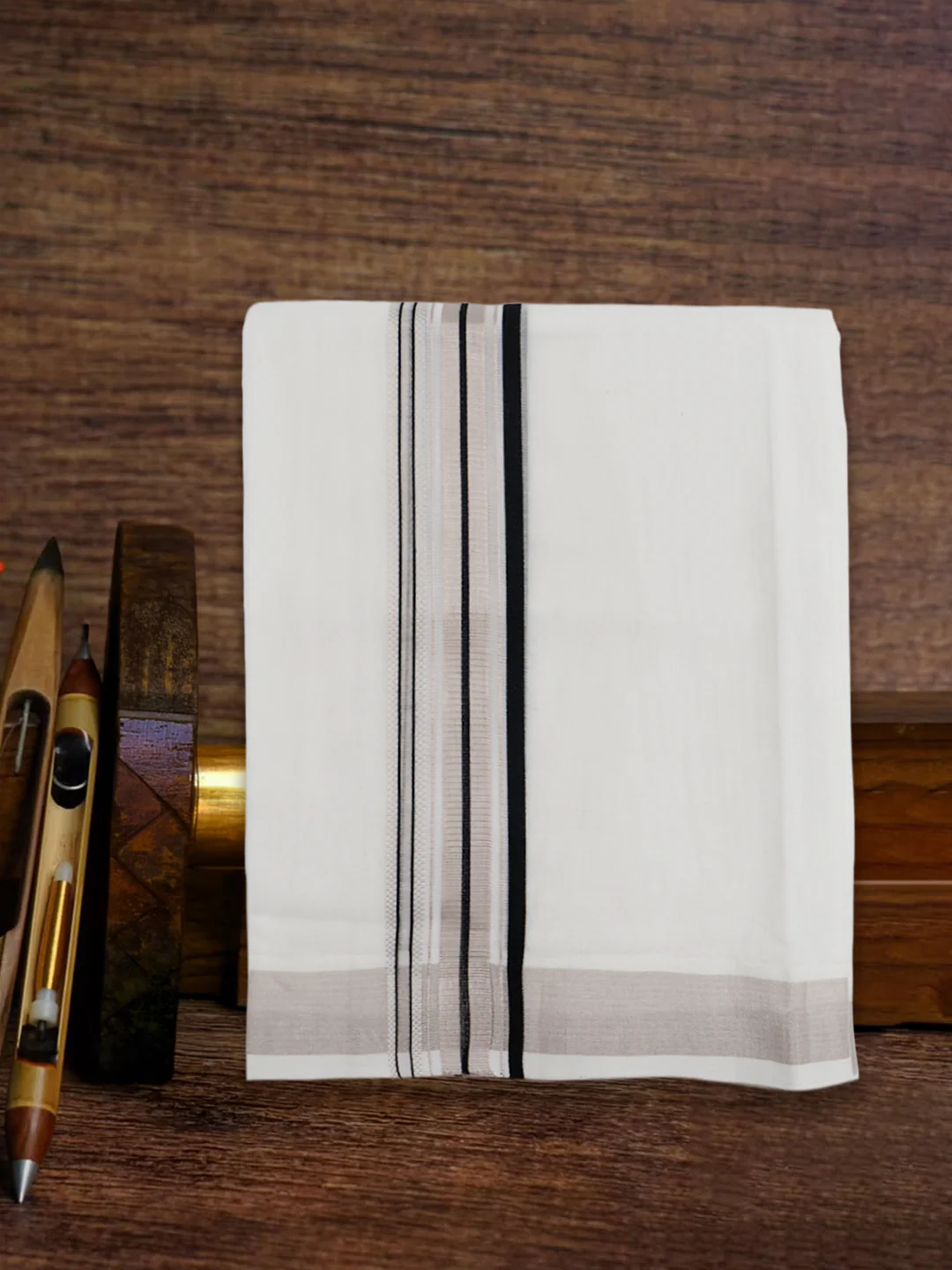 Men Premium Handloom White Dhoti with Fancy Jari Border HLM86 - Image 2