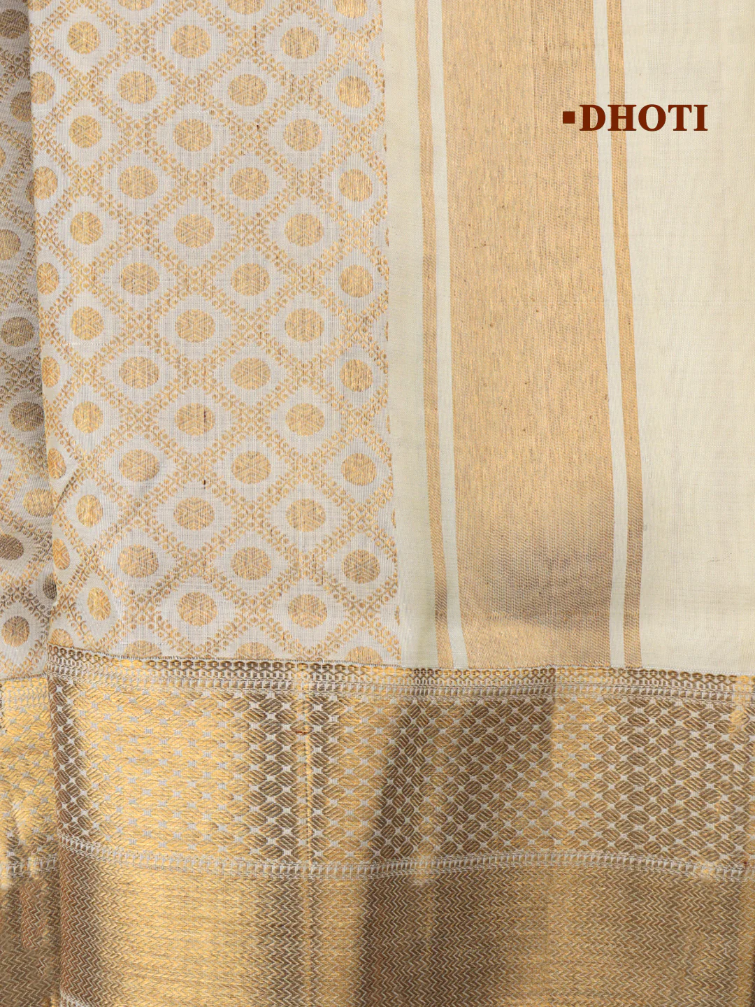 Men Premium Pure Silk Cream Dhoti & Towel Set with 6" inch Gold Jari Border Amirtham AM11 - Image 3