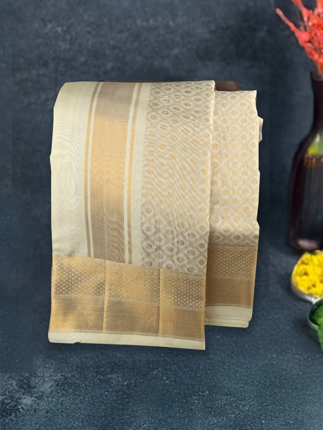 Men Premium Pure Silk Cream Dhoti & Towel Set with 6" inch Gold Jari Border Amirtham AM11 - Image 4