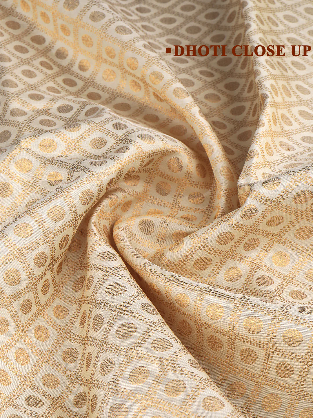 Men Premium Pure Silk Cream Dhoti & Towel Set with 6" inch Gold Jari Border Amirtham AM11 - Image 6