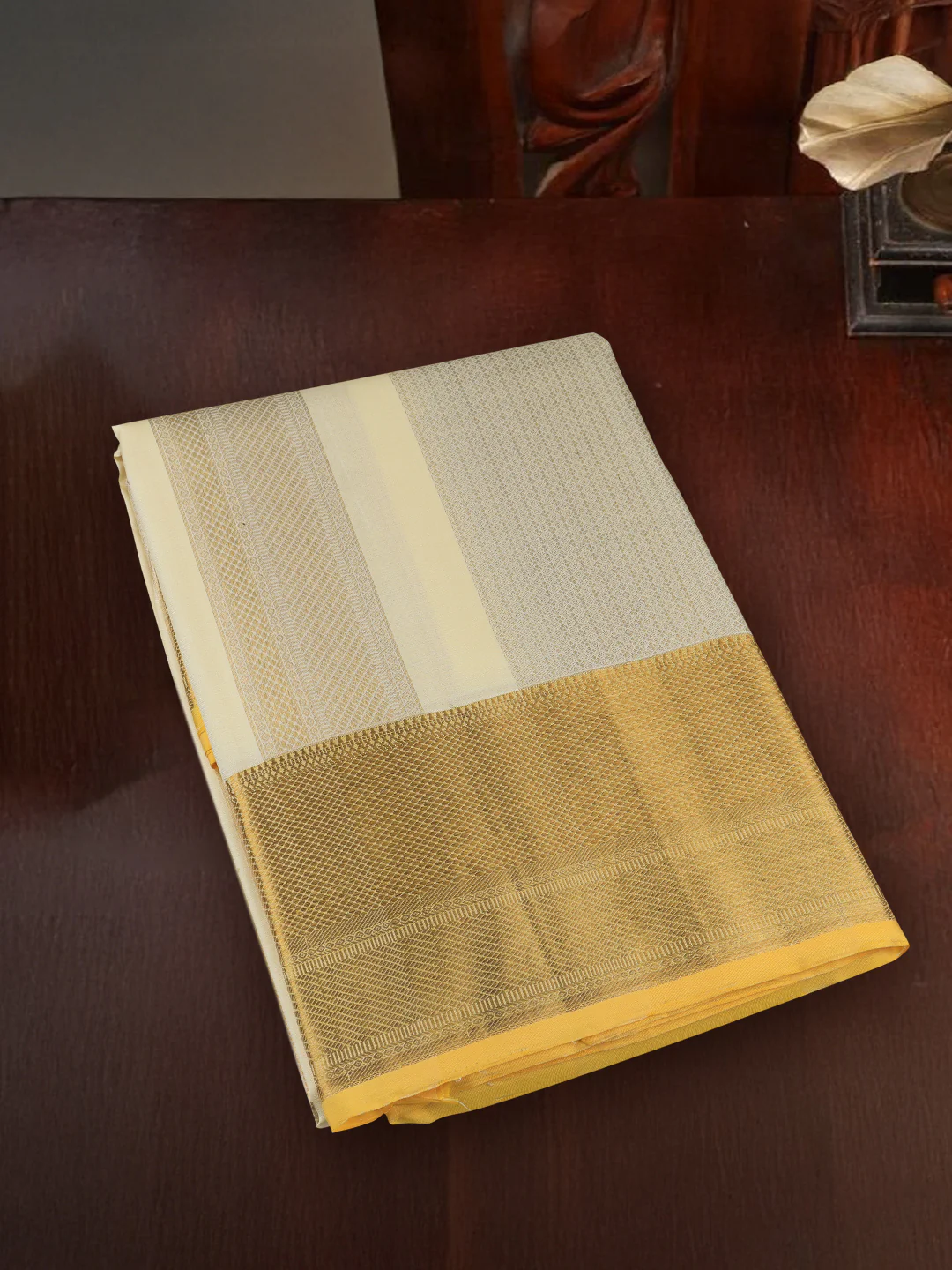 Men Premium Pure Silk Cream  Dhoti & Towel Set with 6" inch Gold Jari Border Amirtham AM15 - Image 7