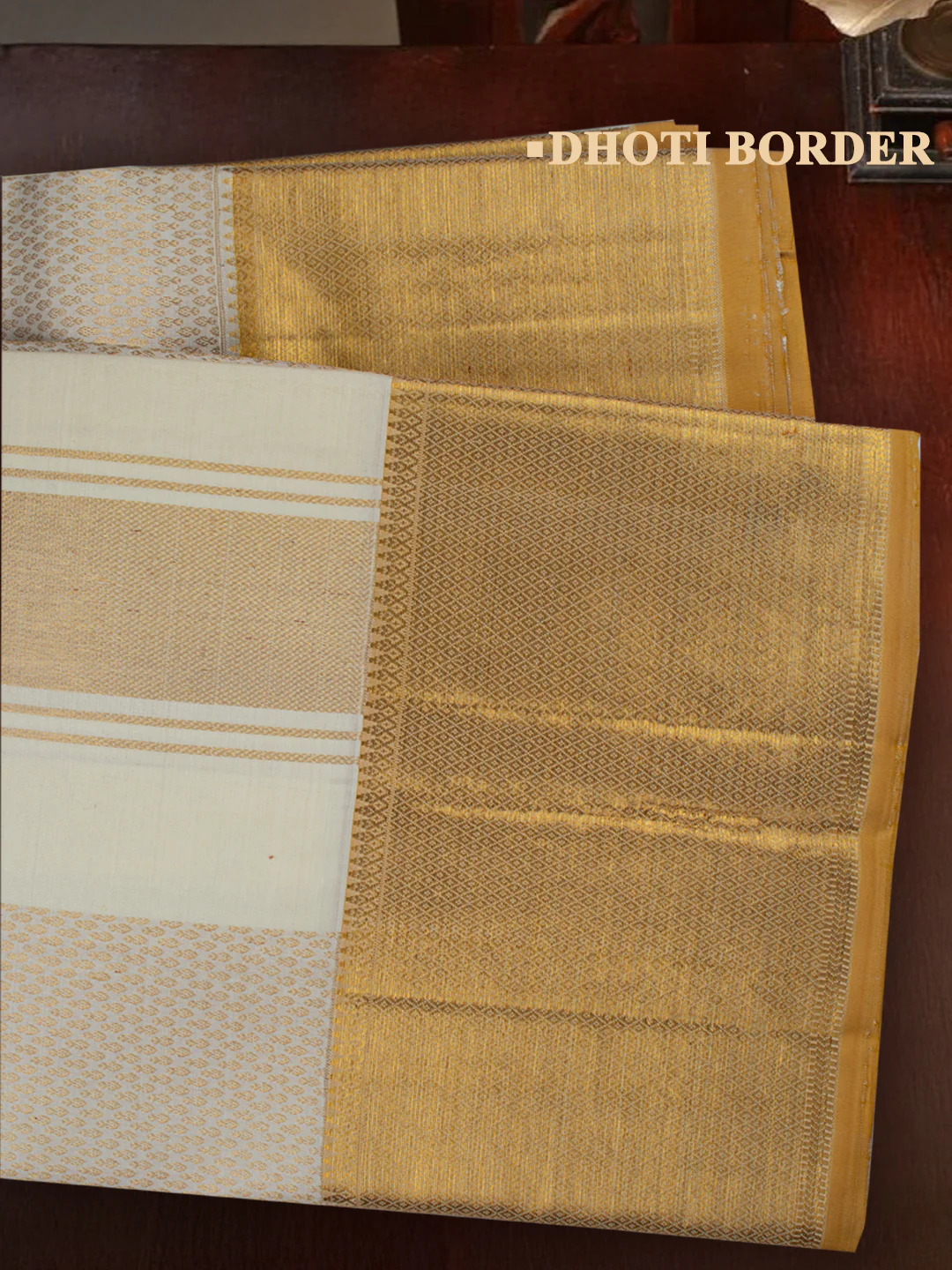 Men Premium Pure Silk Cream Dhoti & Towel Set with 6" inch Gold Jari Border Amirtham AM18 - Image 4