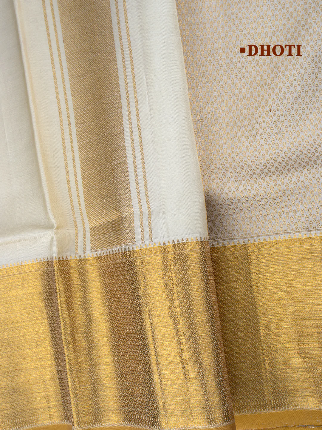 Men Premium Pure Silk Cream Dhoti & Towel Set with 6" inch Gold Jari Border Amirtham AM18 - Image 5