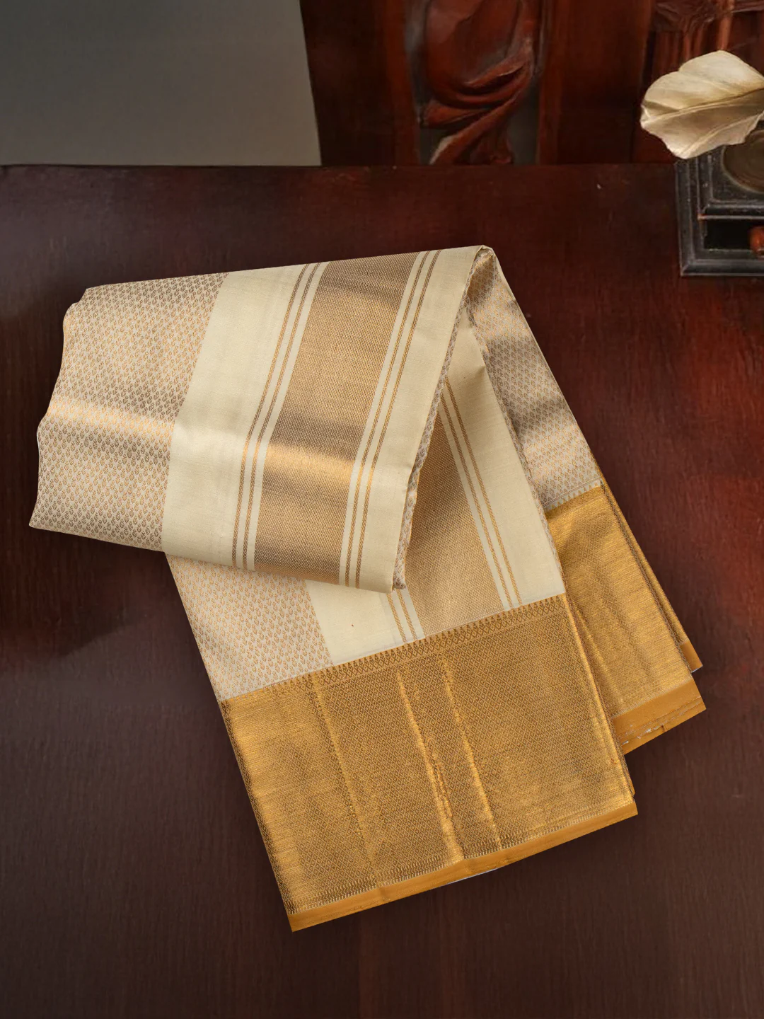 Men Premium Pure Silk Cream Dhoti & Towel Set with 6" inch Gold Jari Border Amirtham AM18 - Image 6