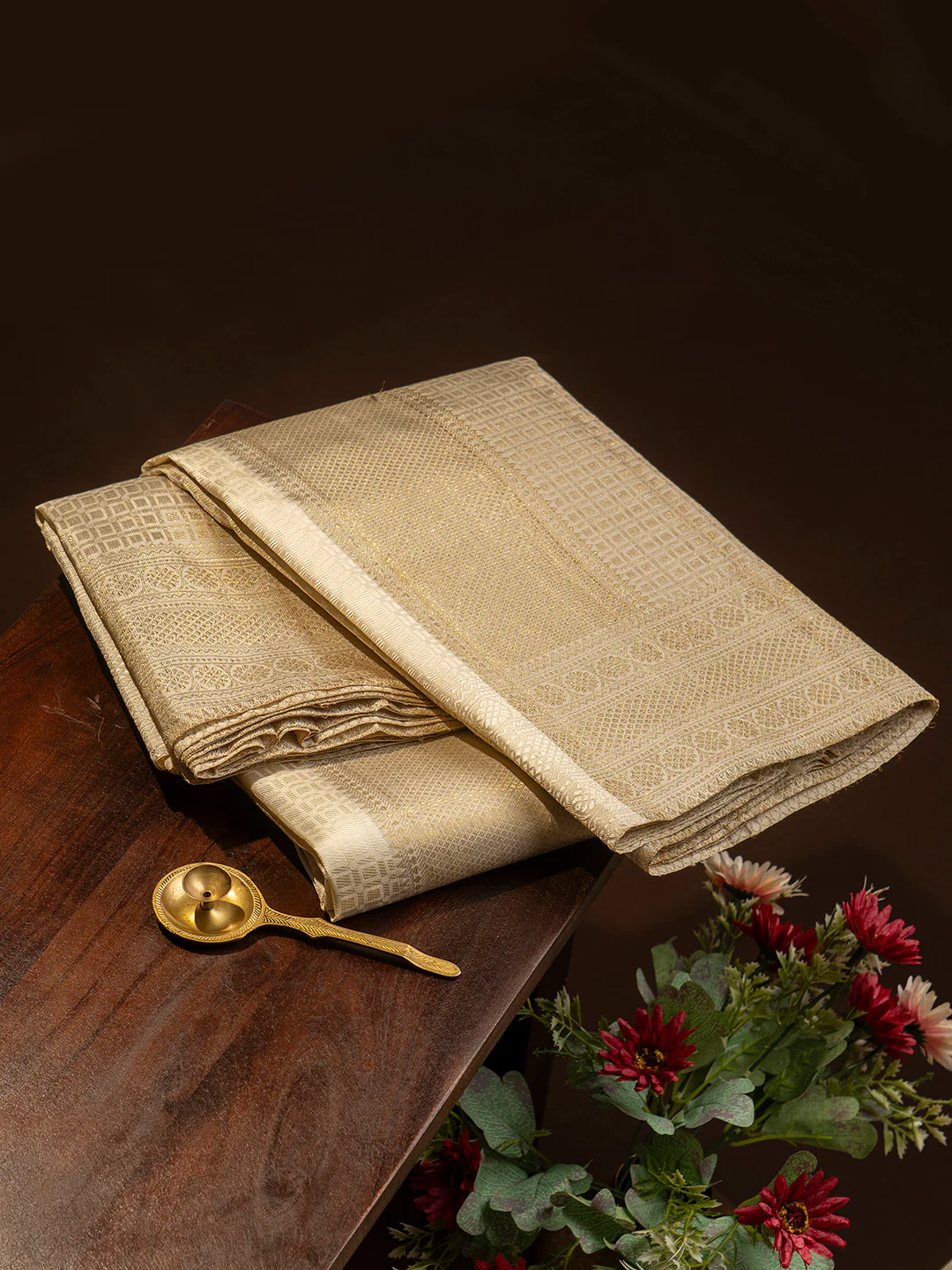 Men Premium Pure Silk Cream Tissue Emboss Design Dhoti & Towel Set 2-gram Gold Coating Jari Border Amirtham - Image 2