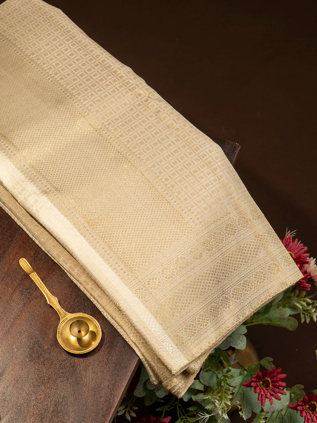 Men Premium Pure Silk Cream Tissue Emboss Design Dhoti & Towel Set 2-gram Gold Coating Jari Border Amirtham - Image 3