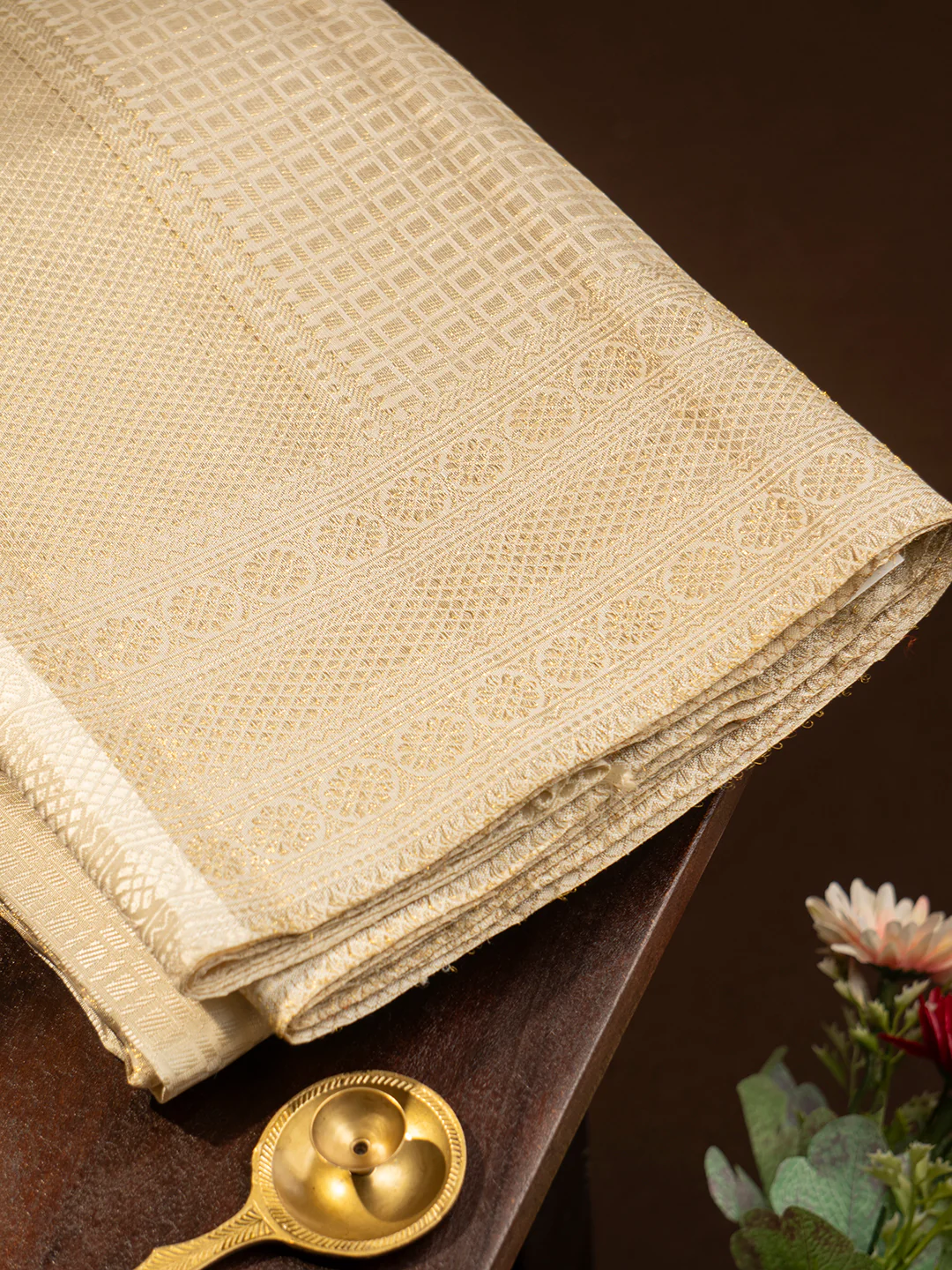 Men Premium Pure Silk Cream Tissue Emboss Design Dhoti & Towel Set 2-gram Gold Coating Jari Border Amirtham - Image 4