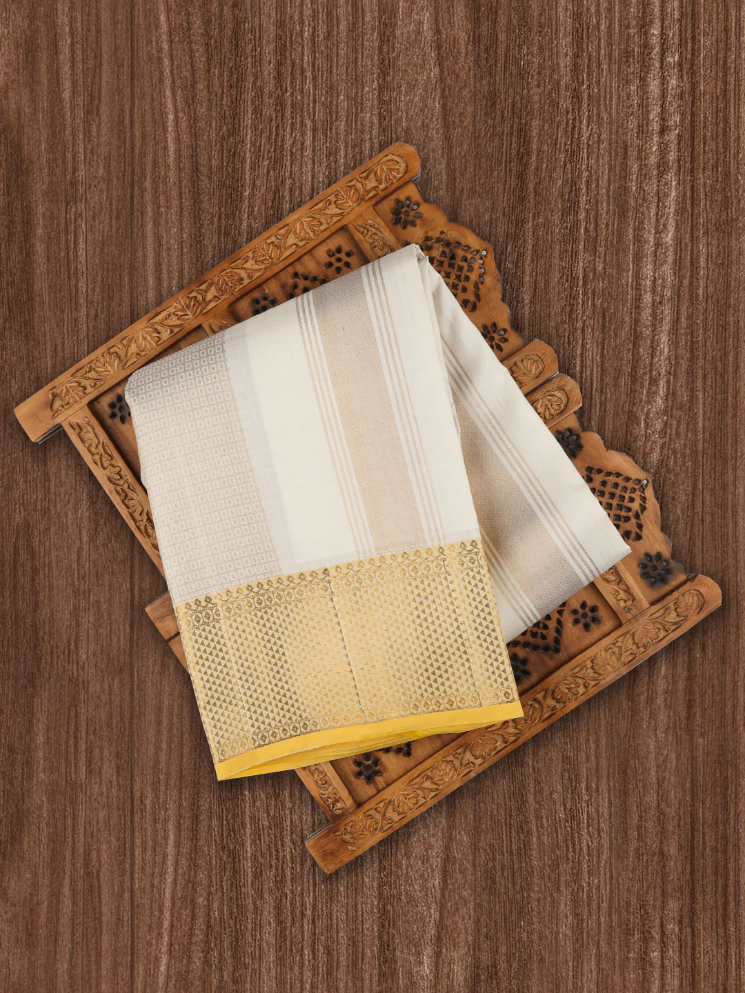 Men Premium Pure Silk Dhoti & Towel Set with 6" inch Gold Jari Border Amirtham - Image 3