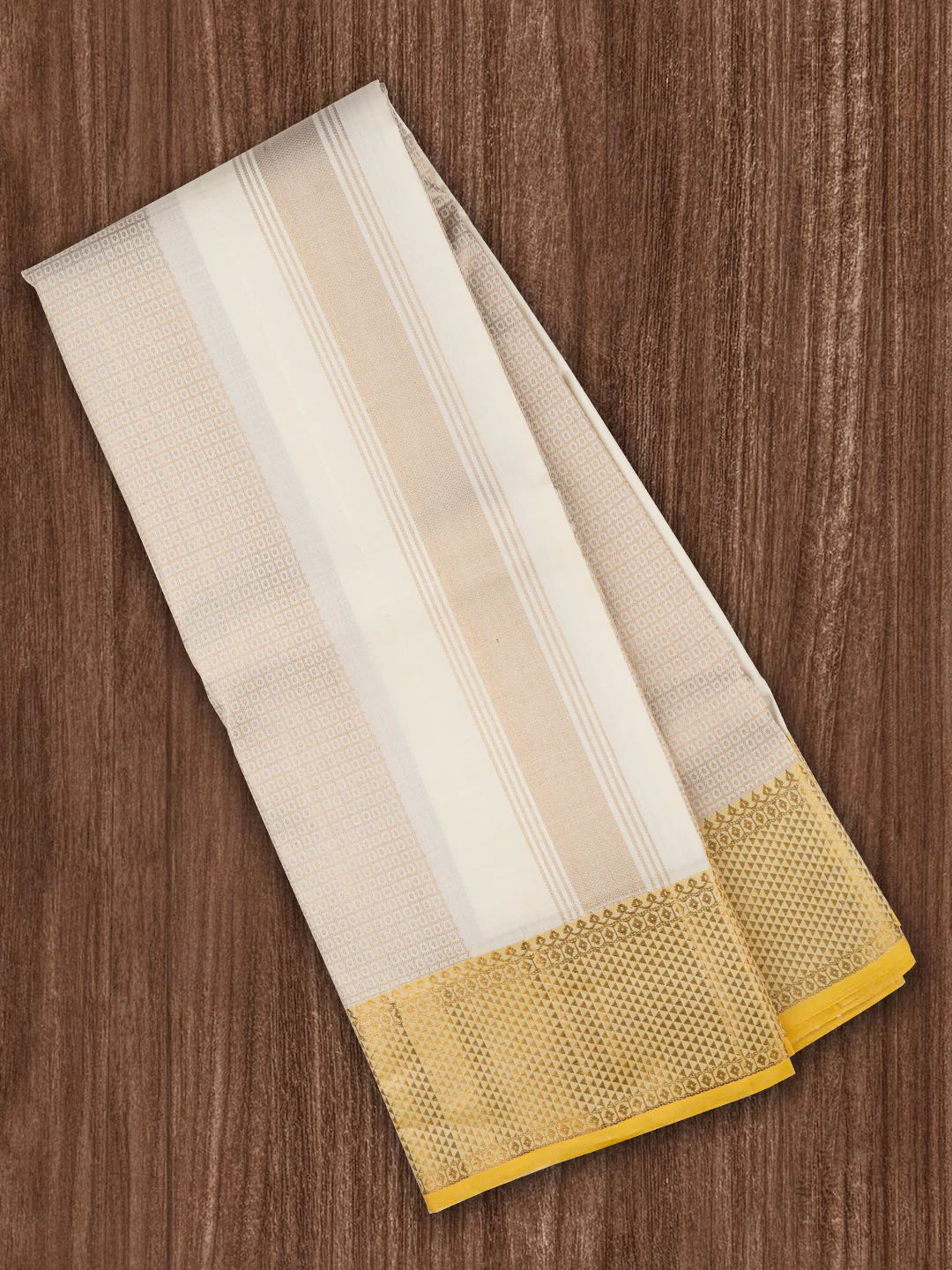 Men Premium Pure Silk Dhoti & Towel Set with 6" inch Gold Jari Border Amirtham - Image 4