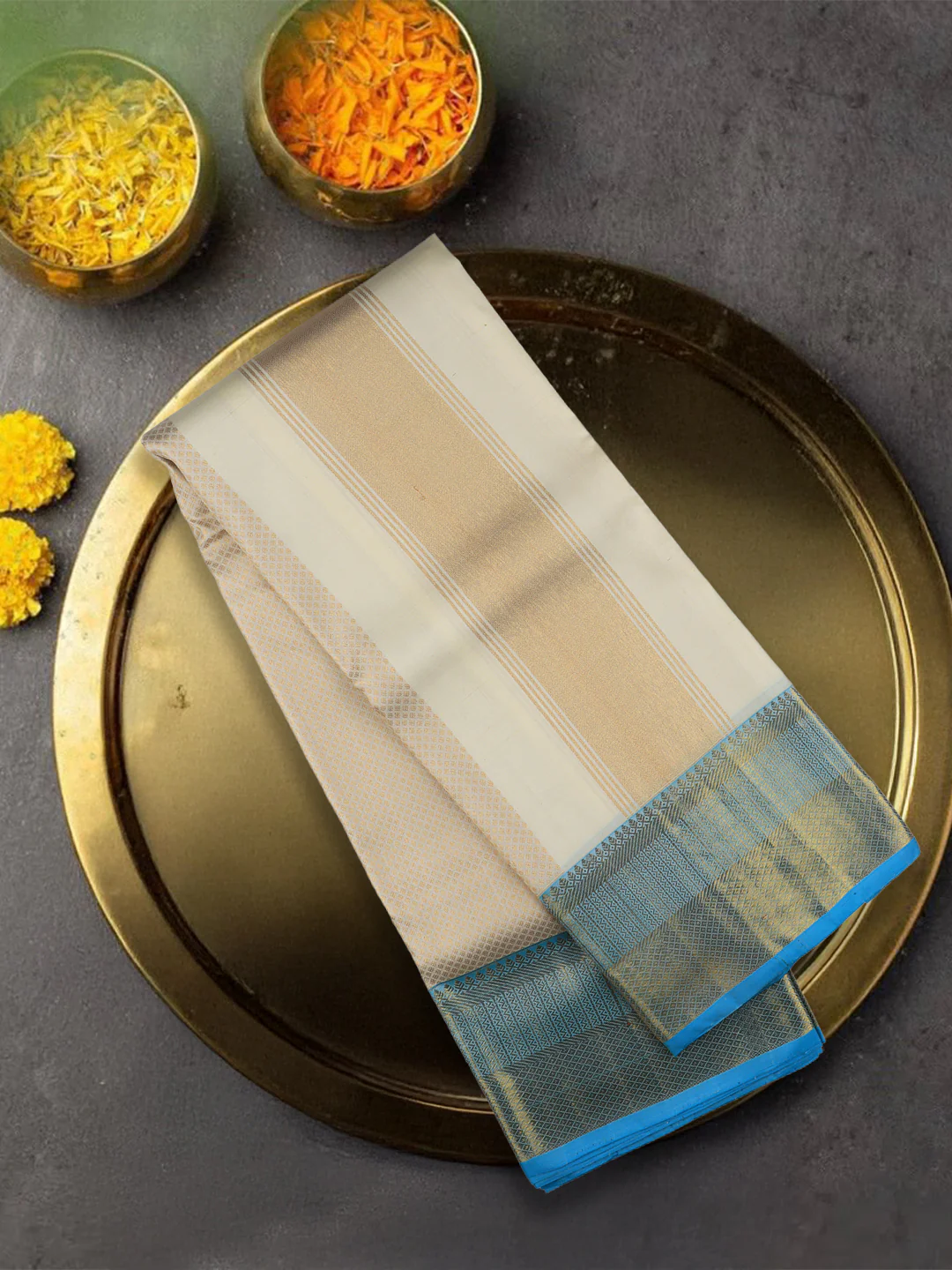 Men Premium Pure Silk Dhoti & Towel Set with 6" inch Gold Jari Border Amirtham AM4 - Image 6