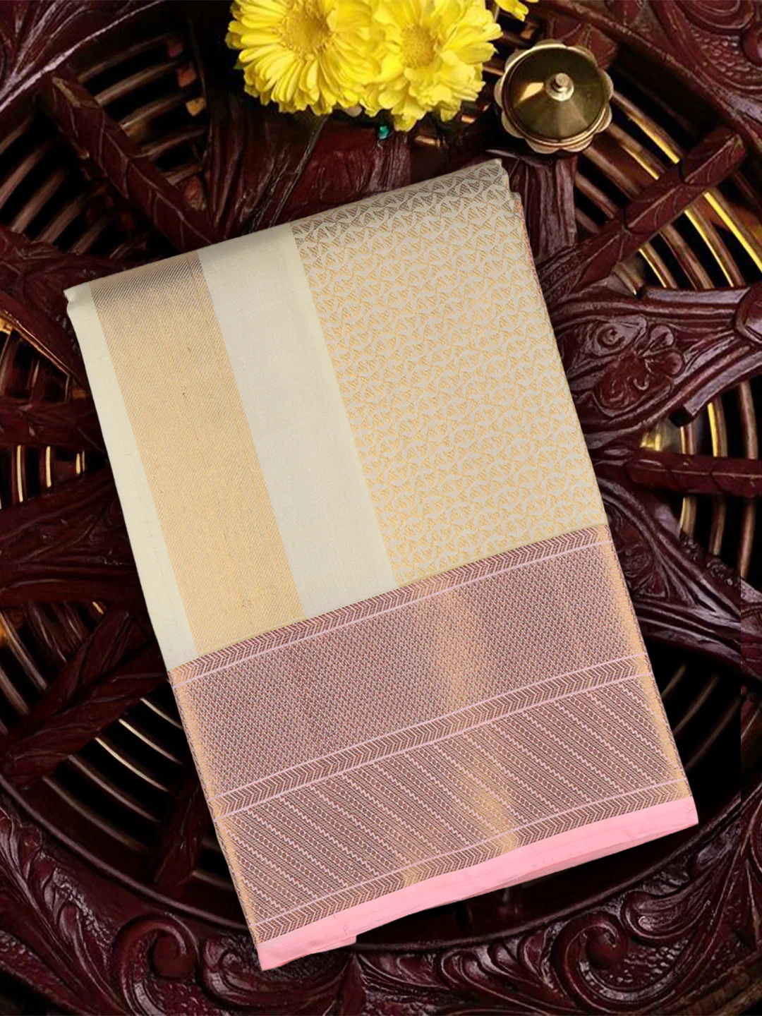 Men Premium Pure Silk Dhoti & Towel Set with 6" inch Gold Jari Border Amirtham AM5 - Image 2