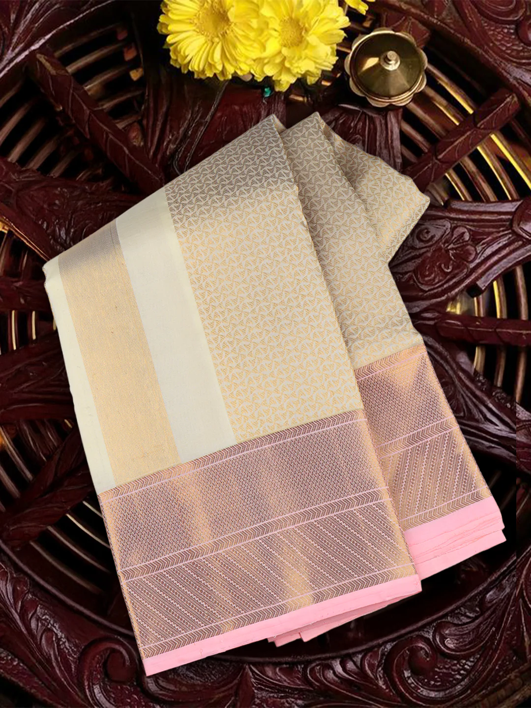 Men Premium Pure Silk Dhoti & Towel Set with 6" inch Gold Jari Border Amirtham AM5 - Image 3