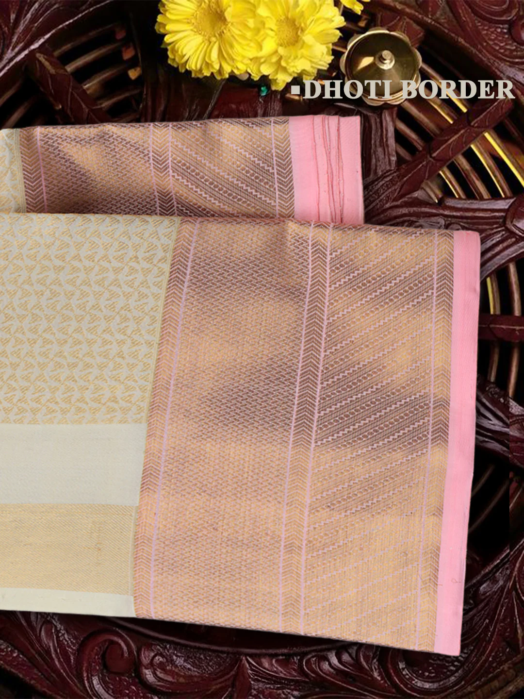Men Premium Pure Silk Dhoti & Towel Set with 6" inch Gold Jari Border Amirtham AM5 - Image 4