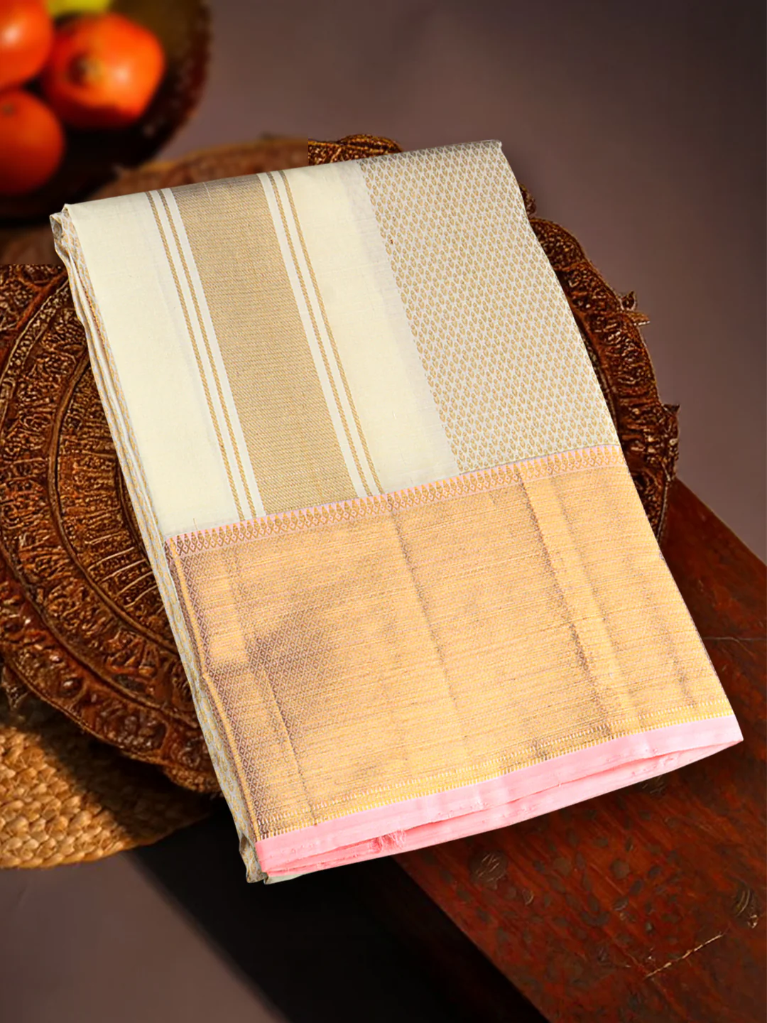 Men Premium Pure Silk Dhoti & Towel Set with 6" inch Gold Jari Border Amirtham AM8 - Image 7