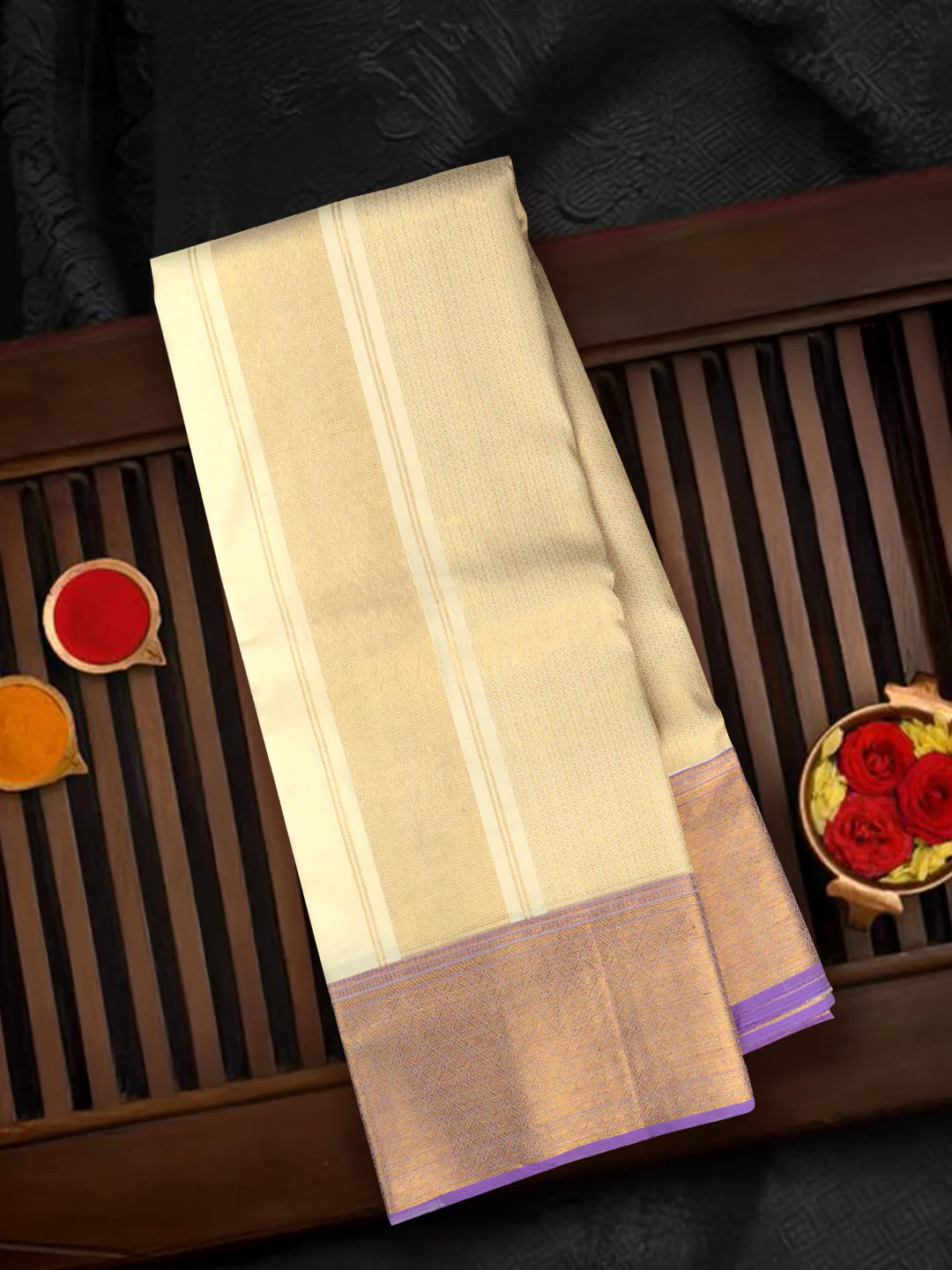 Men Premium Pure Silk Dhoti & Towel Set with 6" inch Gold Jari Border Amirtham AM9 - Image 3