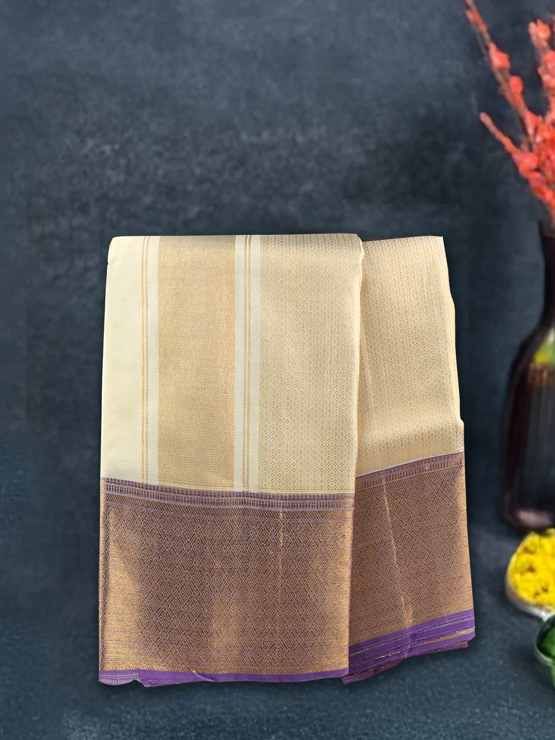 Men Premium Pure Silk Dhoti & Towel Set with 6" inch Gold Jari Border Amirtham AM9 - Image 4