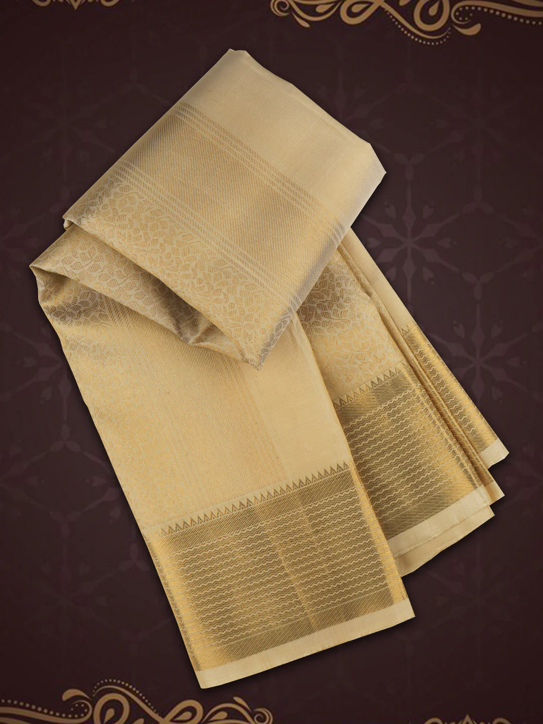 Men Premium Pure Silk Emboss Design Dhoti and Towel Set with 2-gram Gold Jari Fancy Border Agarshana - Image 7
