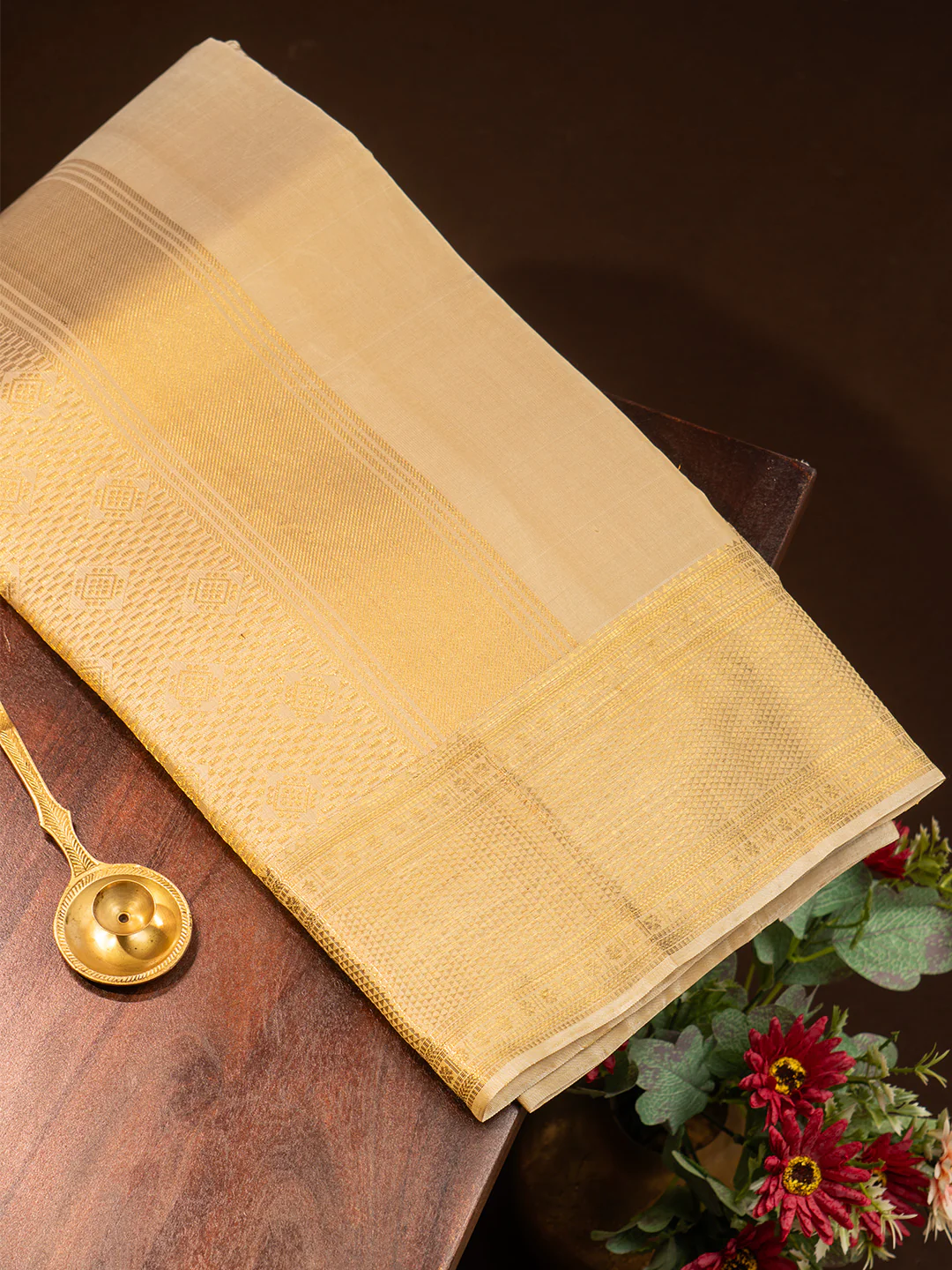 Men Premium Pure Silk Fawn Dhoti and Towel Set with 2-gram Gold Coating Jari Border Amirtham Amirtham - Image 2