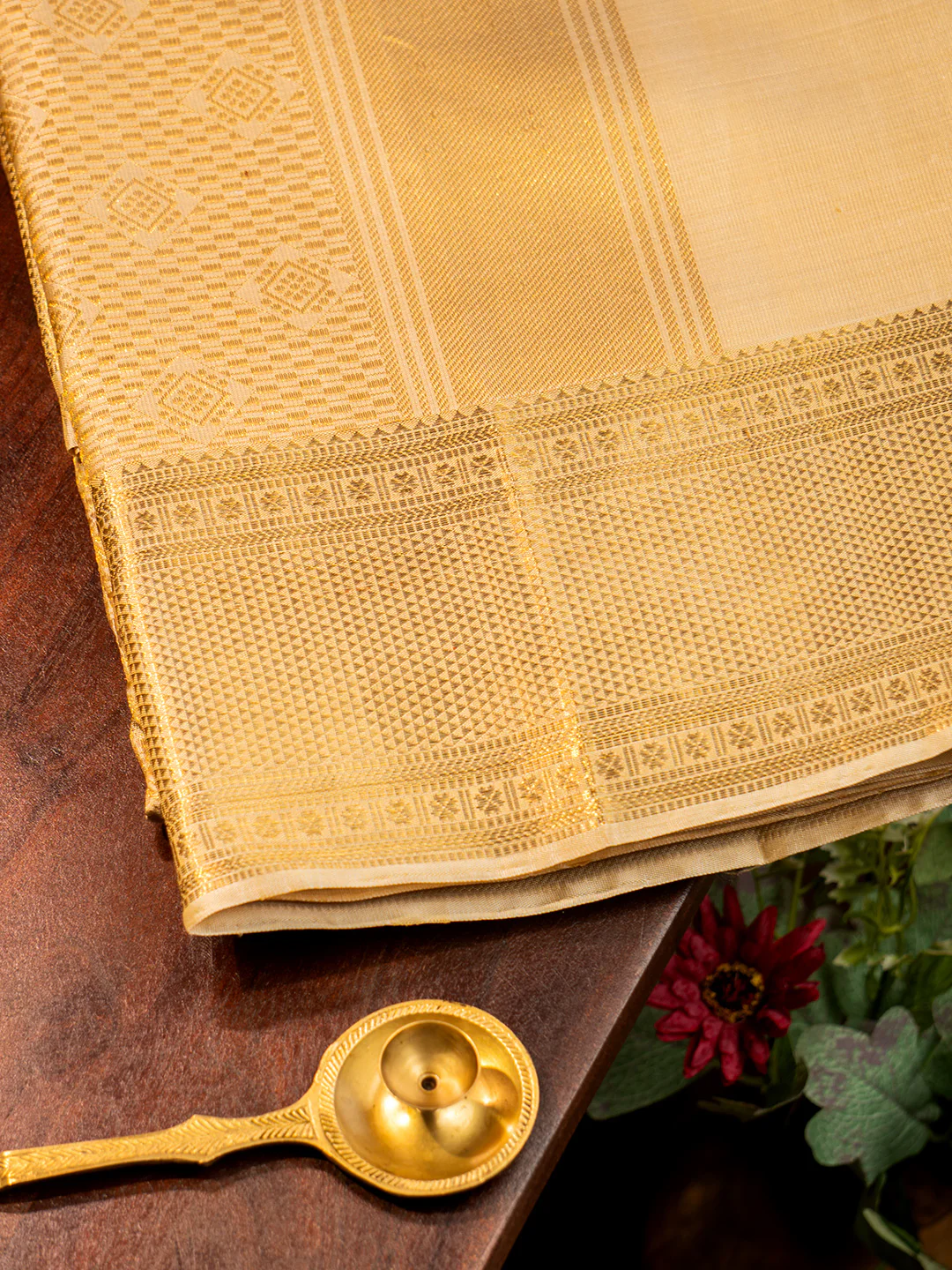 Men Premium Pure Silk Fawn Dhoti and Towel Set with 2-gram Gold Coating Jari Border Amirtham Amirtham - Image 3