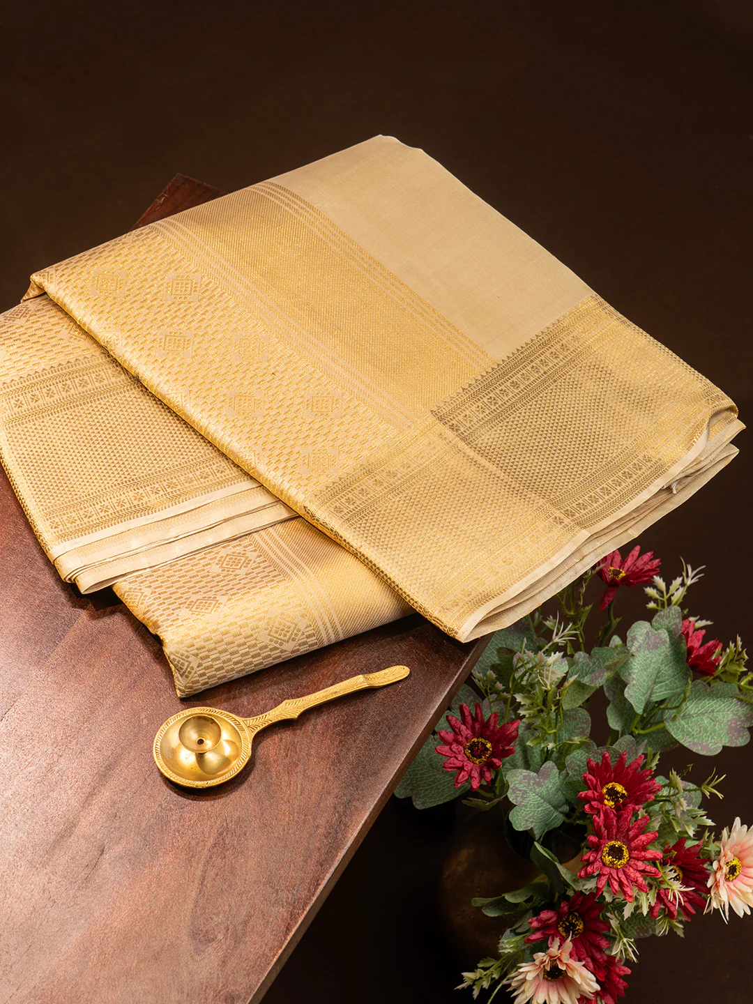 Men Premium Pure Silk Fawn Dhoti and Towel Set with 2-gram Gold Coating Jari Border Amirtham Amirtham - Image 4