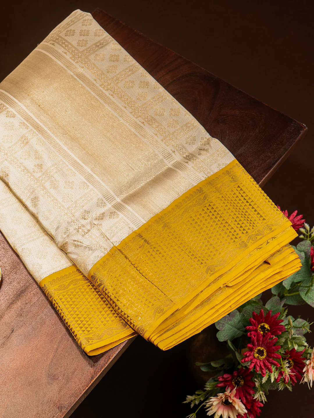 Men Premium Pure Silk OffWhite Dhoti & Towel Set with 2-gram Gold Coating Jari Border Amirtham 01 - Image 2